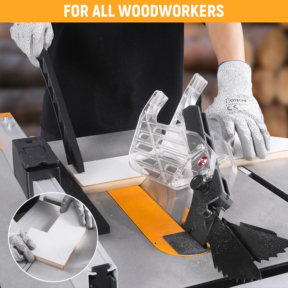 Hoteche Stołowa pilarka tarczowa 1500 W, 254 mm, 4500 obr./min, aluminiowa płyta robocza 608 x 585 mm, głębokość cięcia 80 mm (90°), 55 mm (45°), z pomocą do przesuwania i stołami przedłużającymi