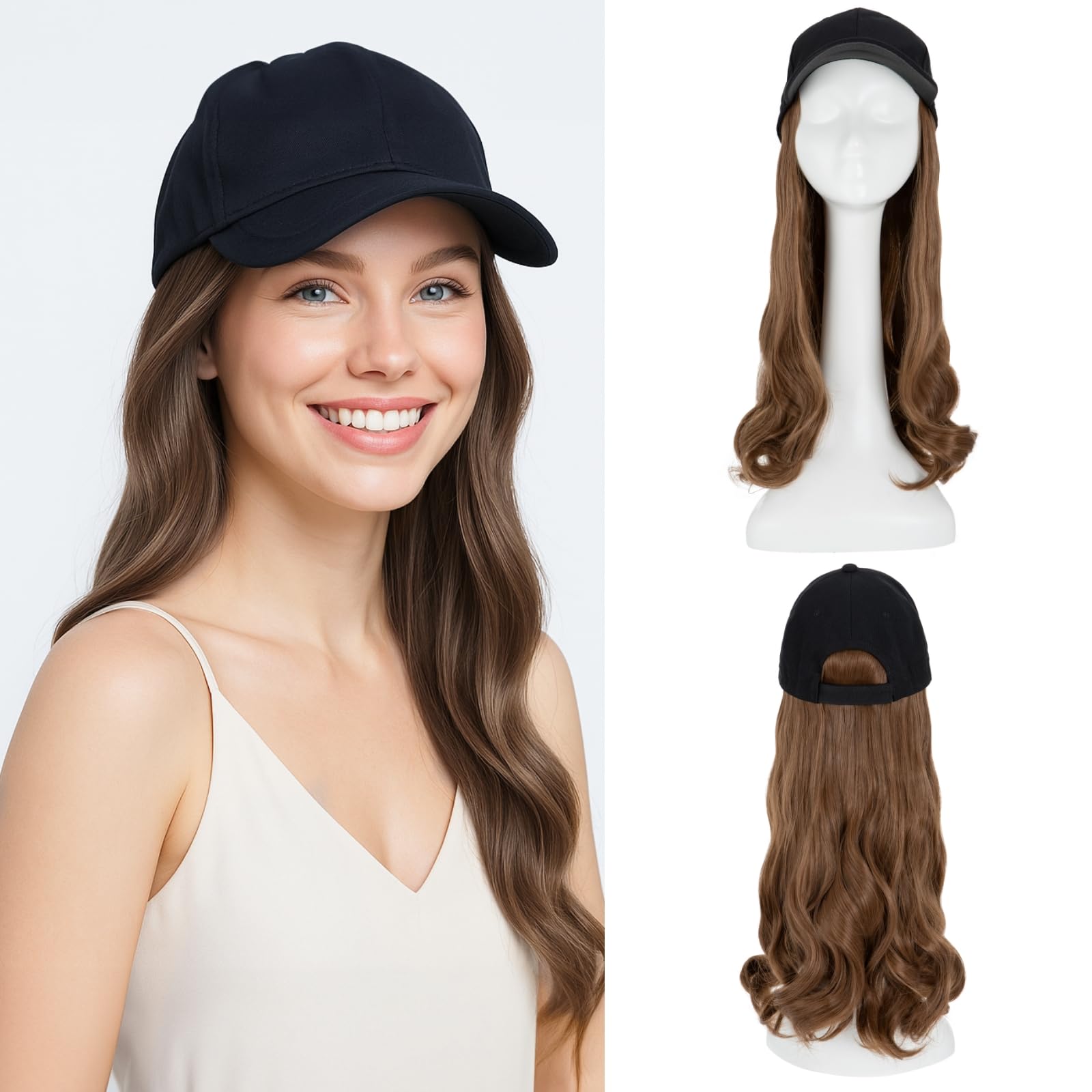 SEGO Hat Wig, Hat with Hair Attached for Women Black Baseball Cap with Hair Extensions, Long Wavy Baseball Cap Wig Adjustable Hats for Daily Party 16