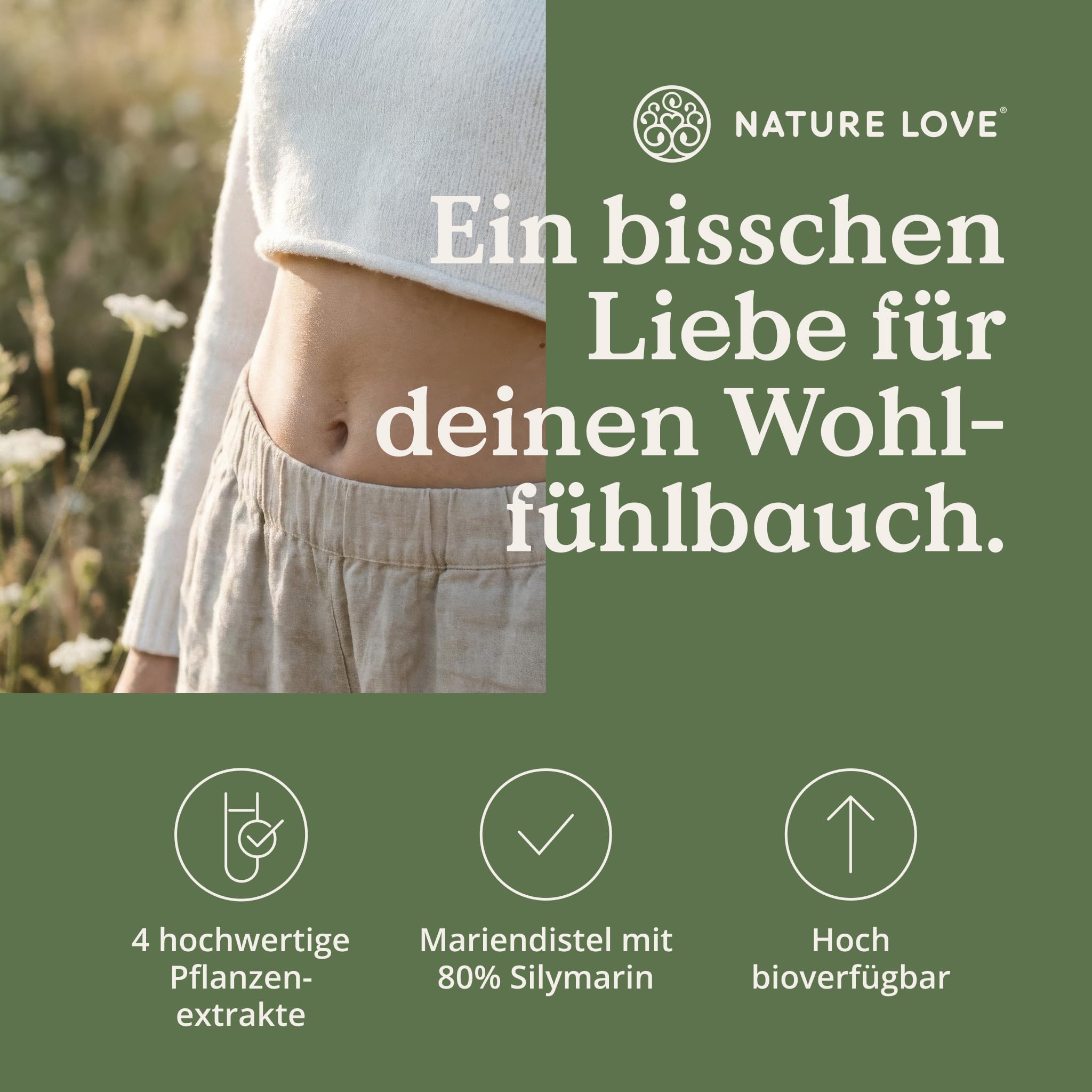 NATURE LOVE® Mariendistel, Artischockenextrakt, Löwenzahn & Desmodium 4-fach Komplex - 120 vegane Kapseln - Hochdosiert mit 80% Silymarin - Laborgerprüft, hochdosiert, in Deutschland produziert