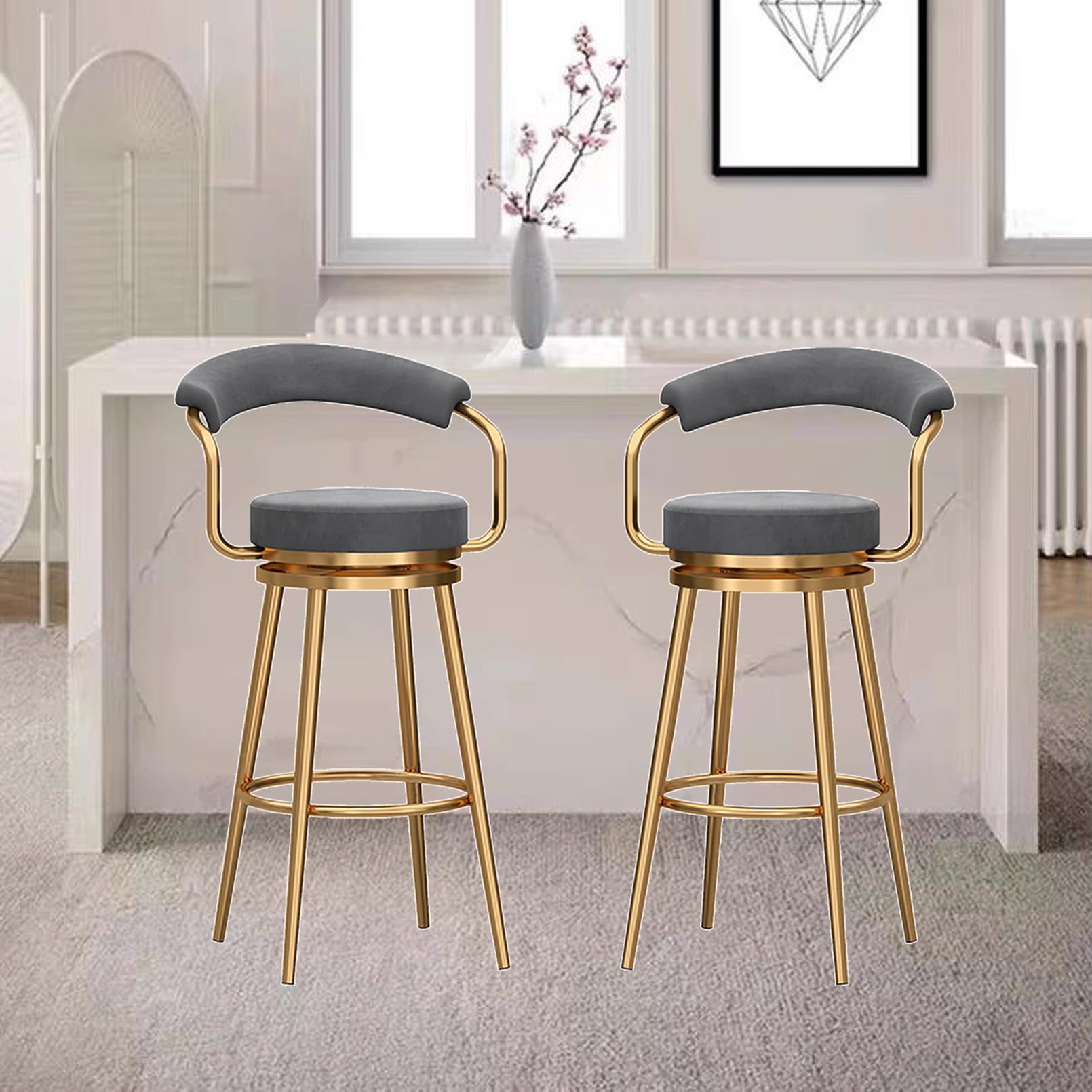 Zestaw 3 wygodnych obrotowych stołków barowych w stylu Mid-Century, nowoczesne wyściełane aksamitem, pozłacana metalowa rama, puste oparcie, wysokość siedziska 75 cm, kolor szary