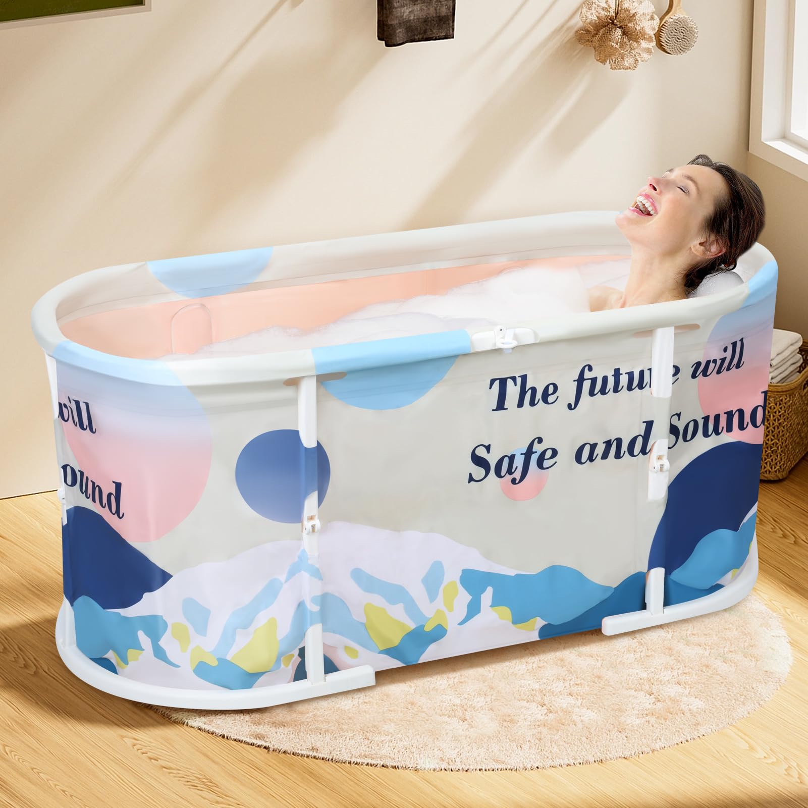 Bañera plegable para adultos de 120 cm, bañera independiente con marco de plástico y doble desagüe, para baño en casa, baño pequeño, ducha, interior exterior (azul claro)