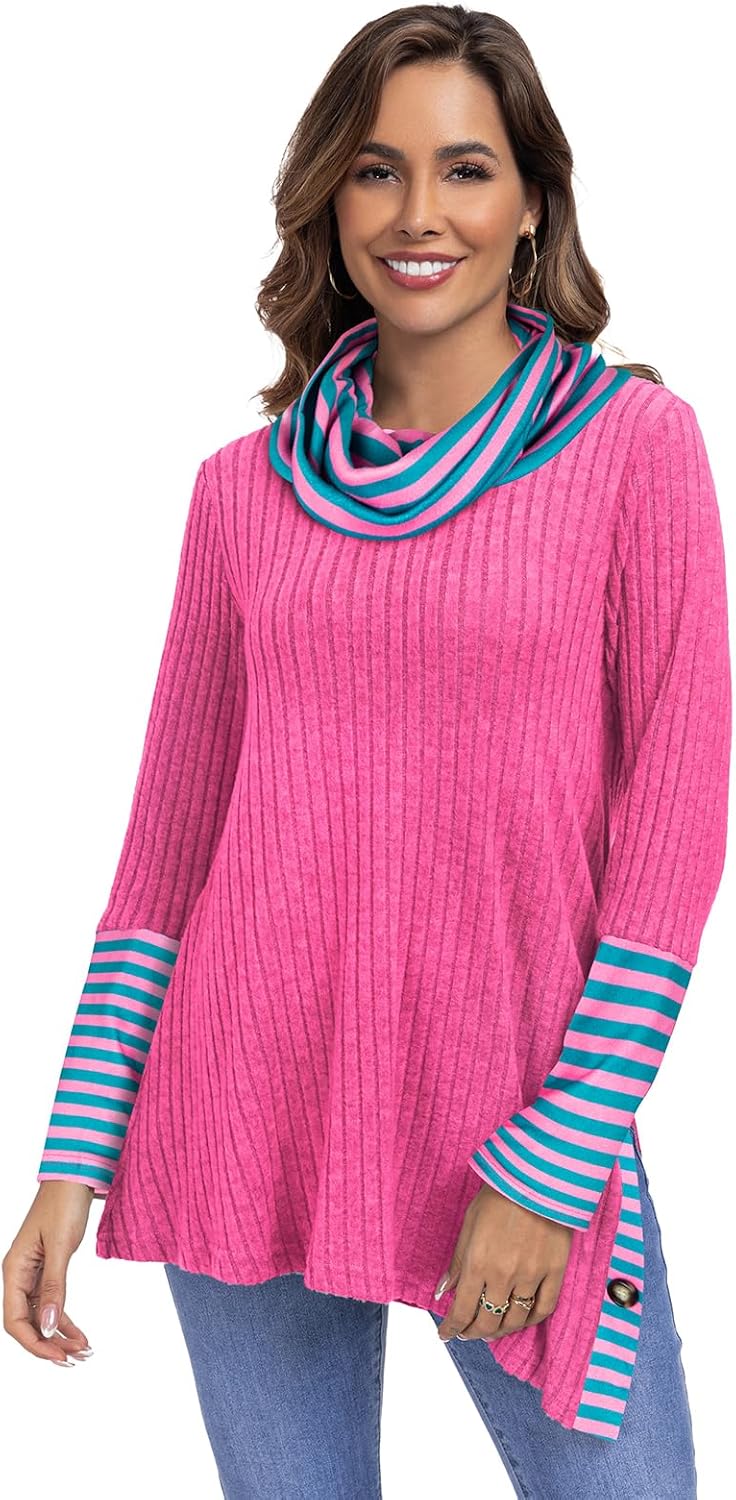 Miusey Women's Cowl Neck Tunic Sweaters Long Sleeve Shirts Lightweight Pullover Sweatshirts Side Split Tunic Tops - Image 2