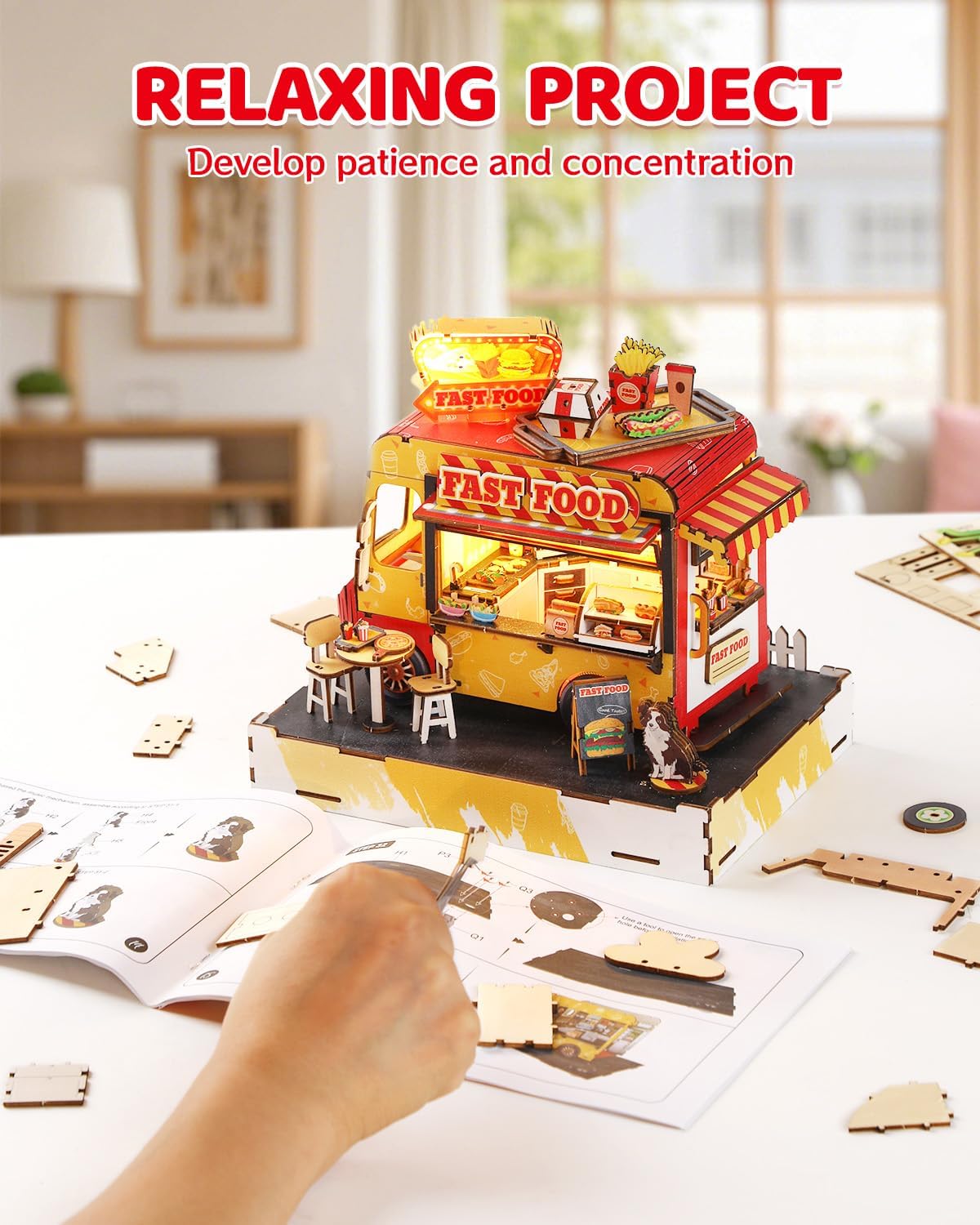 DIY Miniature House Kit Food Cart, DIY Miniature Dollhouse Kit with LED Music Light for Room Bookshelf Decor, Tiny House Crafts for Adults, Birthday for Men Women Teens