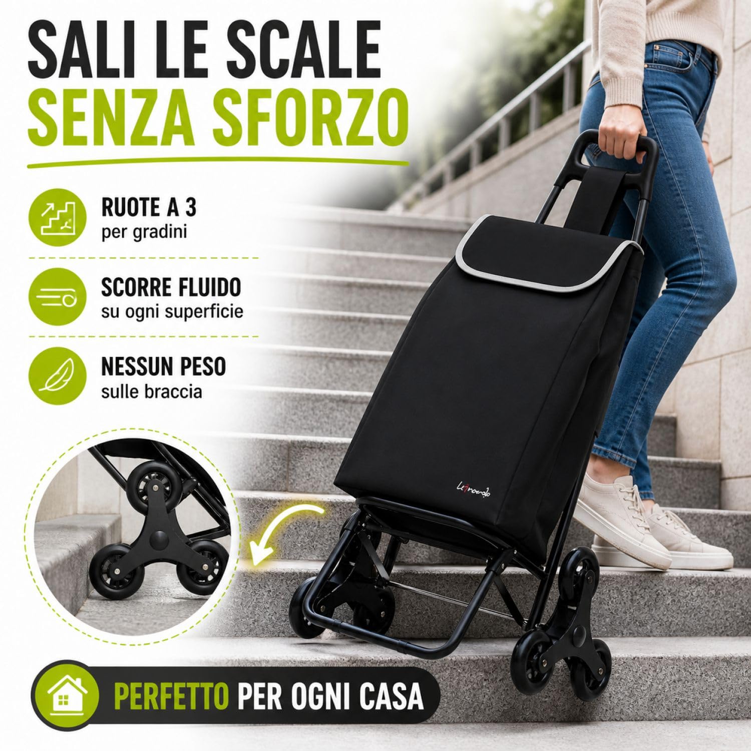 Leonardo Trolley per la Spesa con Tre Ruote Girevoli Saliscale, Portaspesa con Borsa Rimovibile