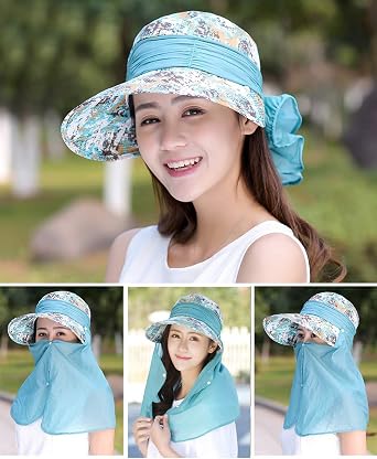 Womens Summer Sunhat Wide Brim Roll Up Sun Visor Hat with Neck Shield Cover Outdoor Cycling UV Sun Protection Block Hat