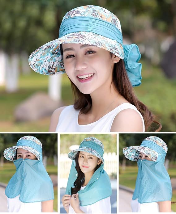 Womens Summer Sunhat Wide Brim Roll Up Sun Visor Hat with Neck Shield Cover Outdoor Cycling UV Sun Protection Block Hat