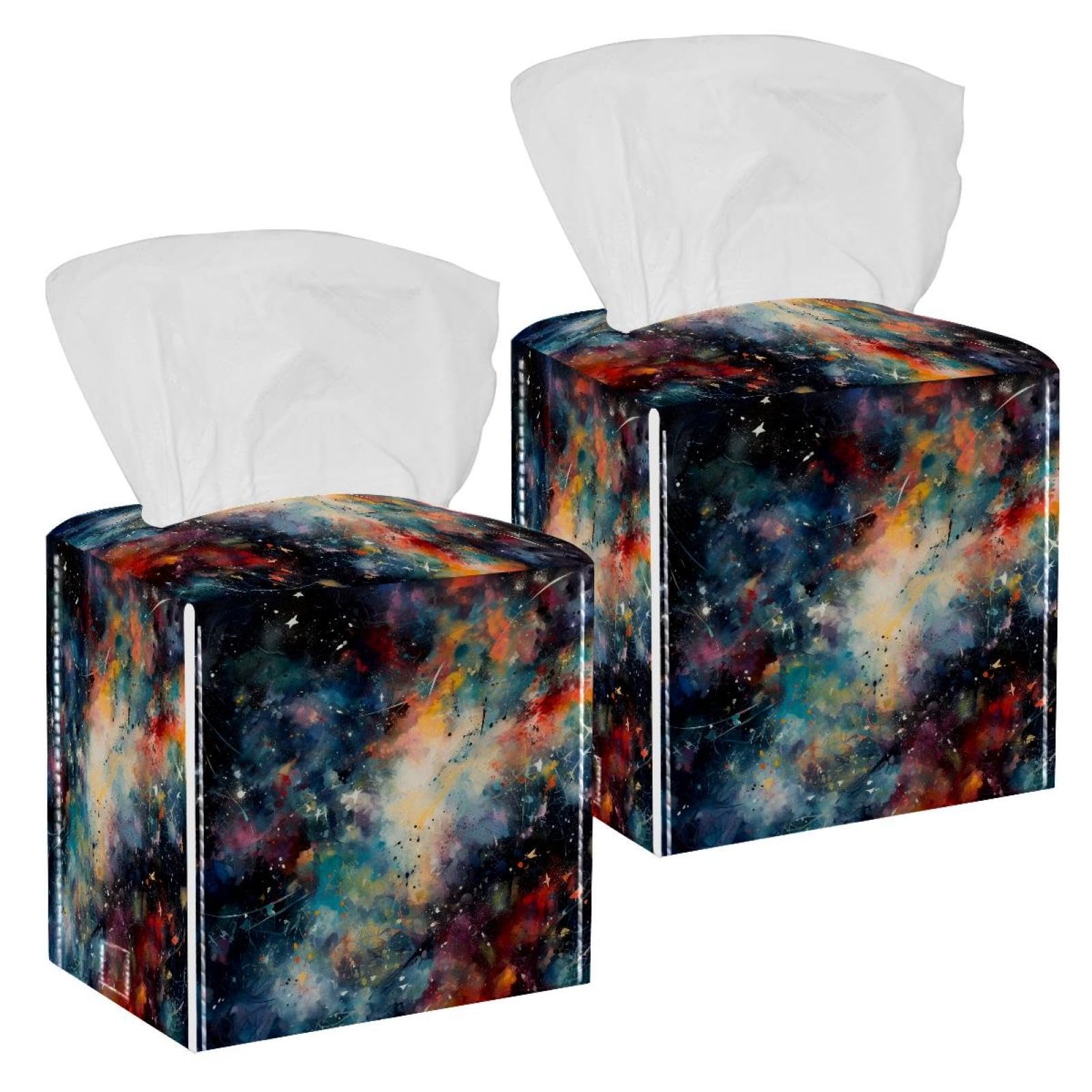 Abstract Dreamy Starry Sky Nights Tissue Box Cover, 2 Pack PU Leather Square Facial Tissue Dispenser Box holder for Home Office Car