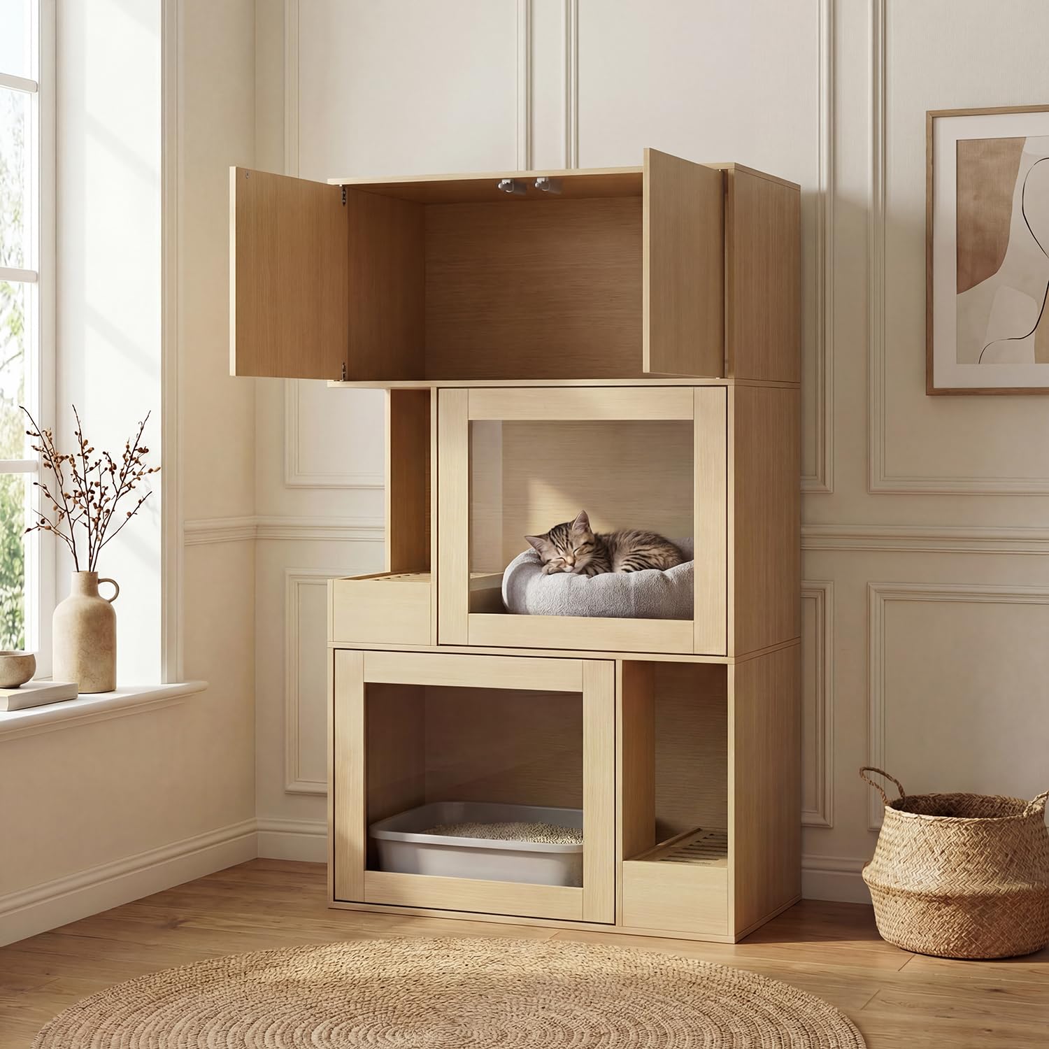 Armario para arenero de gato de 3 niveles con cajón y puerta & entrada, 3 en 1 casa para gatos arenero mesa auxiliar, armario para arenero de gato cómoda para gatos, cueva para mascotas, color madera