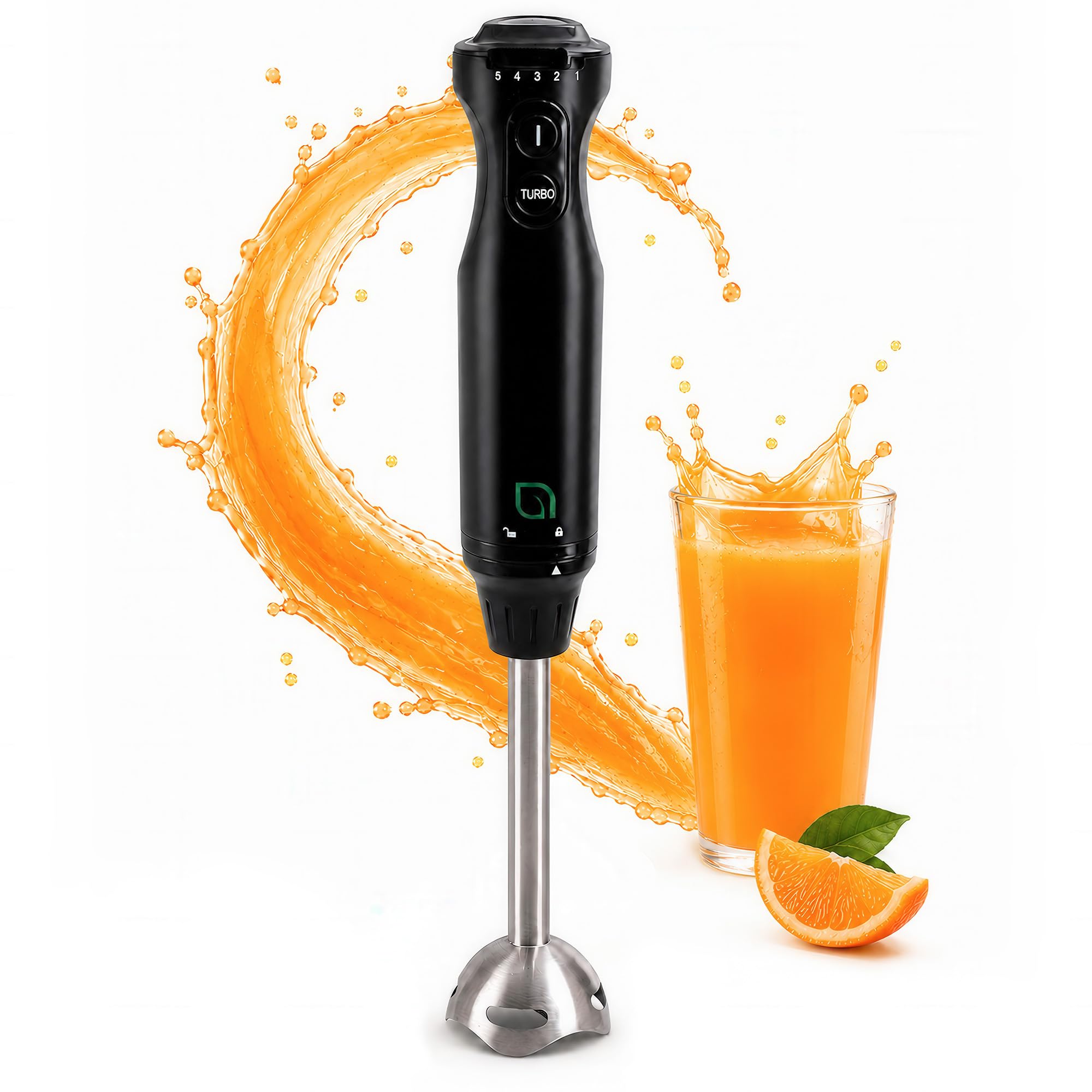 WILLOW Eco Series 5 Speed Immersion Blender Handheld, Powerful yet Quiet 500 Watt Electric Stick Blender with Turbo Mode &amp; Removable Base, Hand Blender for Soup, Smoothie, 304 Stainless Steel - BLACK