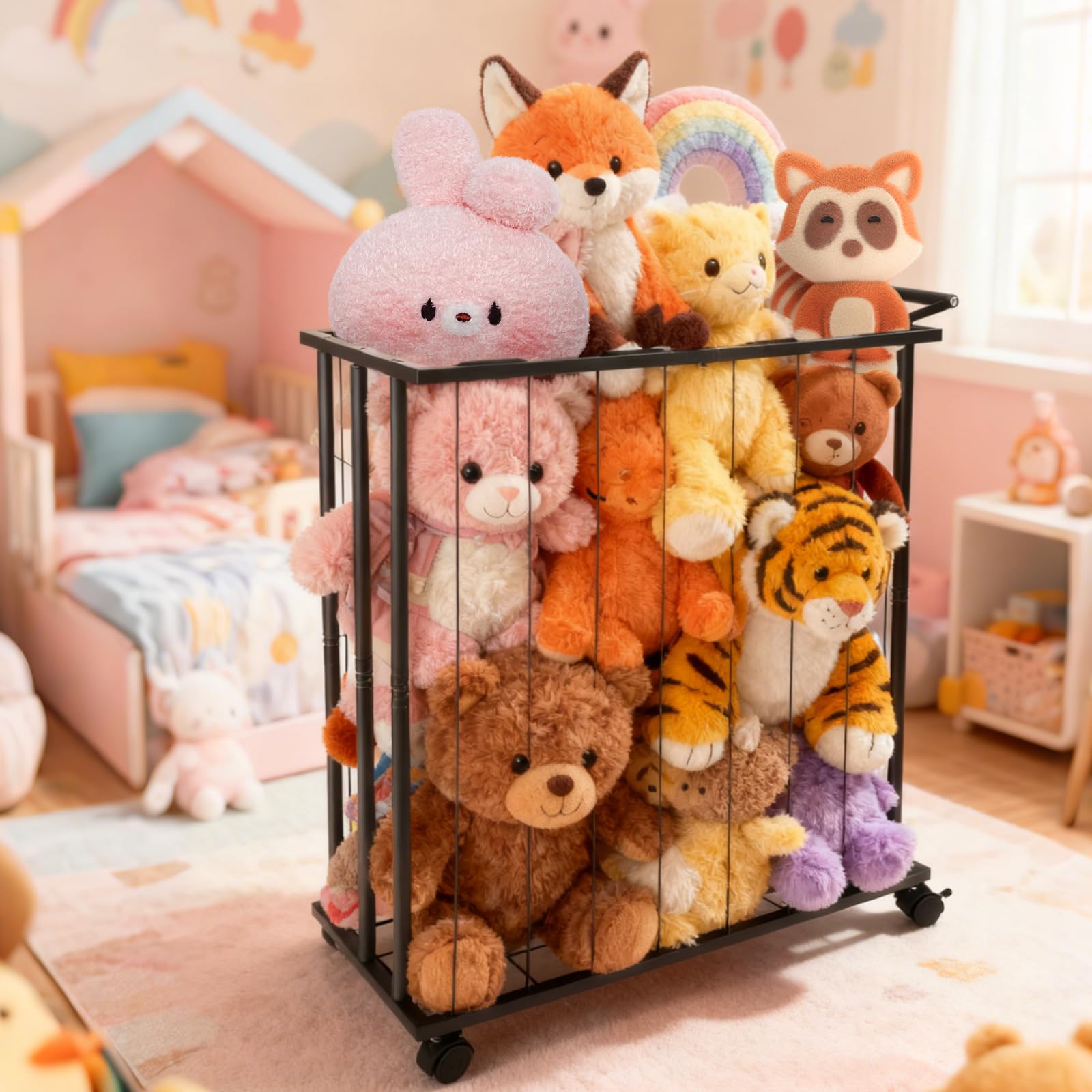Rangement Mobile pour Peluches en Métal Noir, Organisateur de Jouets avec Cordes Élastiques, 83.6 x 65 x 32 cm, Zoo à roulettes pour Chambre d'enfant