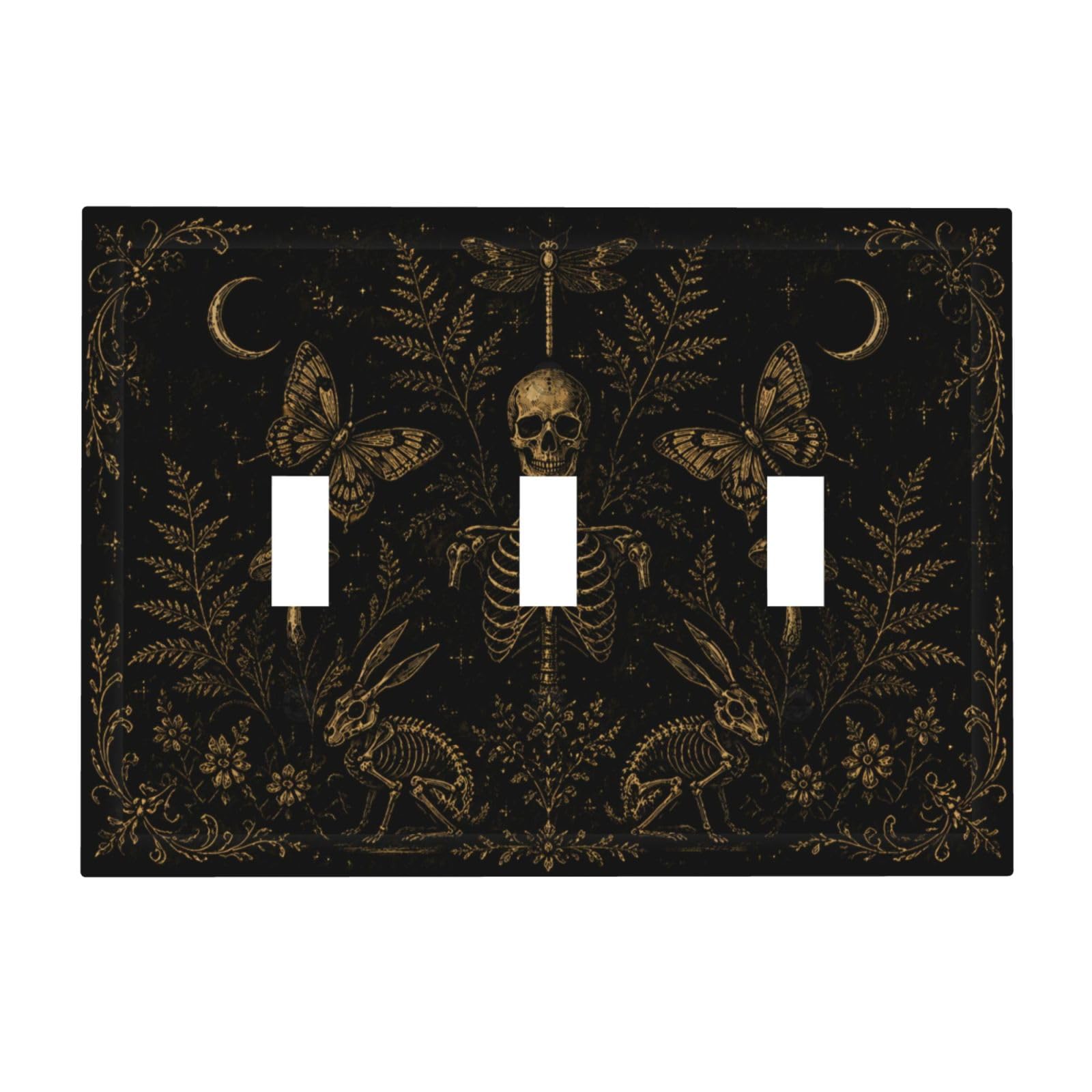 Xuejiaku Decorative Light Switch Cover Plate Vintage Gold Botanical Skeleton Gothic Triple Toggle Switch Plate Covers 3 Gang Wall Plate Dark Academia Gothic Outlet Covers Faceplate for Home Decor