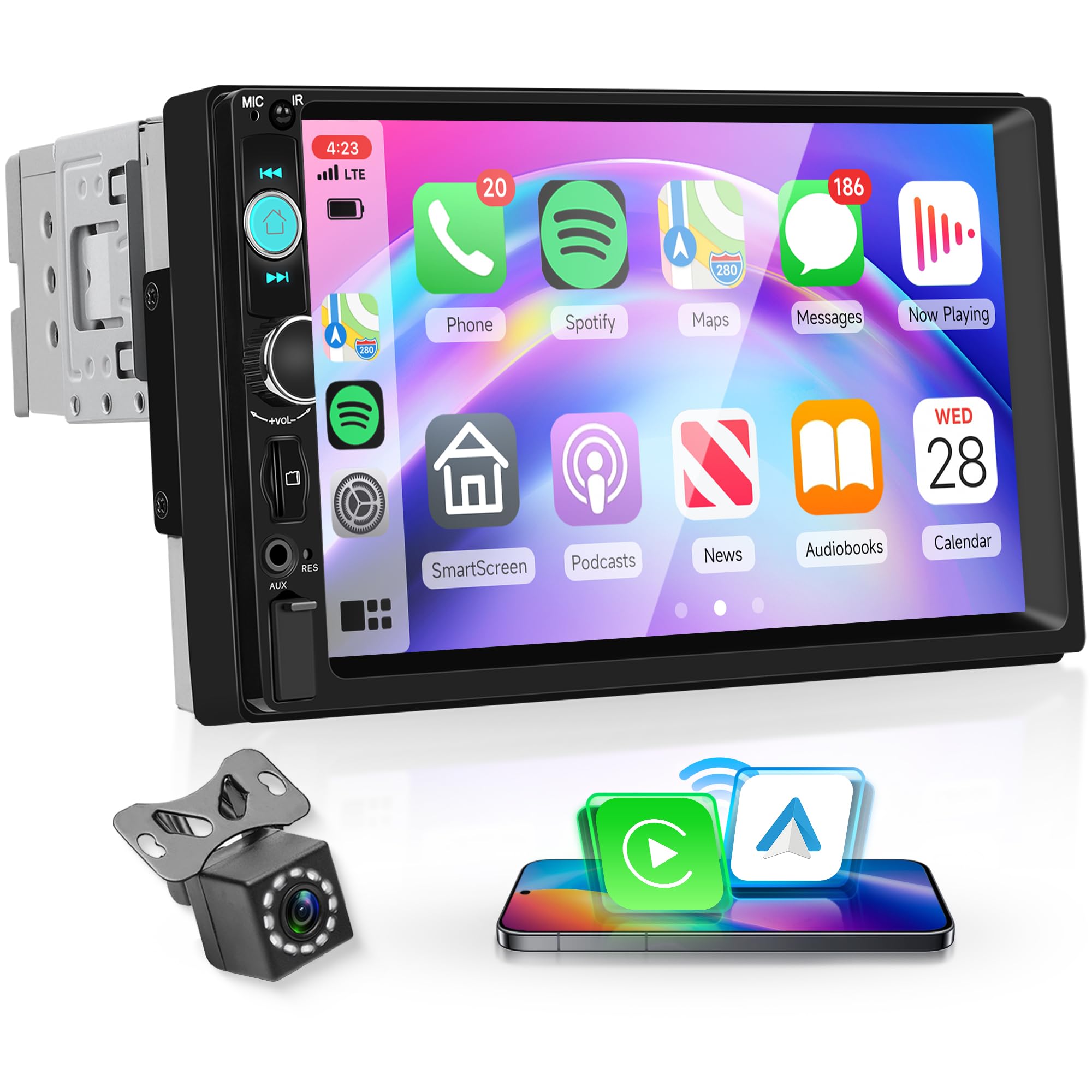 Rimoody Inalámbrico Carplay Radio de Coche 1 DIN con You-Tube Android Auto, 7 Pulgadas Pantalla Táctil Radio Coche iOS/Android Mirror Link Bluetooth FM Radio USB/EQ Control del Volante Cámara Trasera