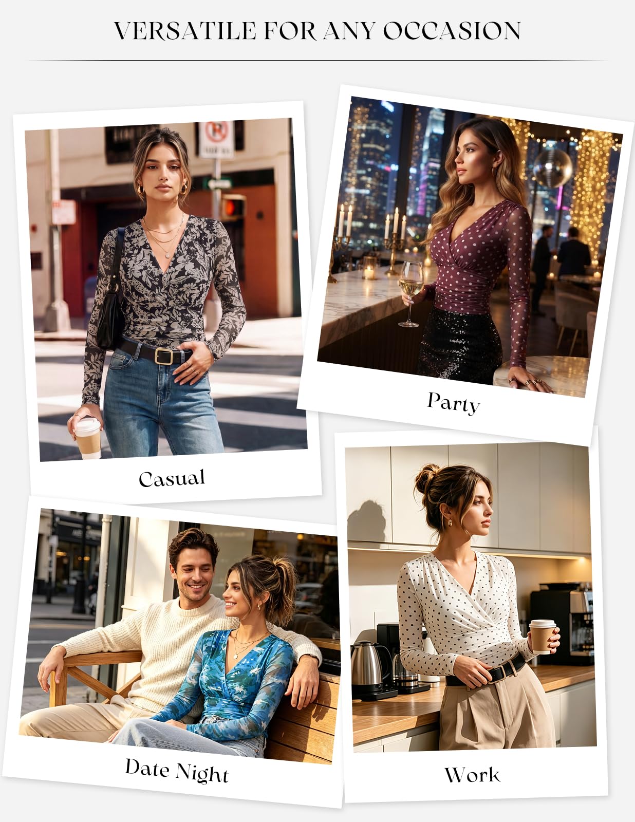 GRACE KARIN Blusa elegante plisada con flores para mujer | Volantes Abdomen Tops Vintage Cuello de Pico Slim Fit Blusa Envolvente Malla Transparente Manga Larga Camisa Otoño Invierno