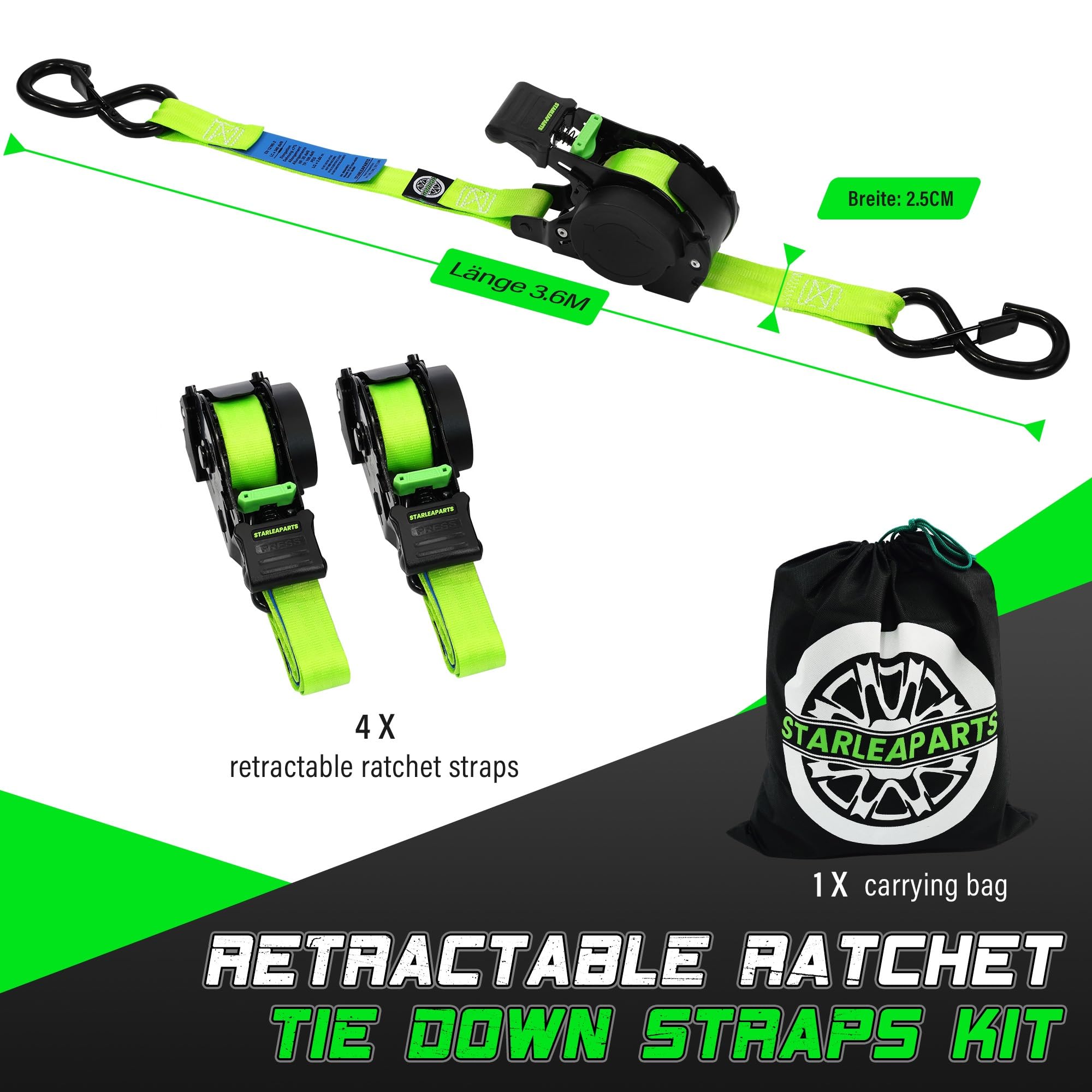 STARLEAPARTS Cinghia di tensione automatica con gancio a S, cinghie retrattili, 2 pezzi | 3,6 m x 25 mm, 340 kg/680 kg, avvolgitore automatico con cricchetto, per moto, kayak, verde