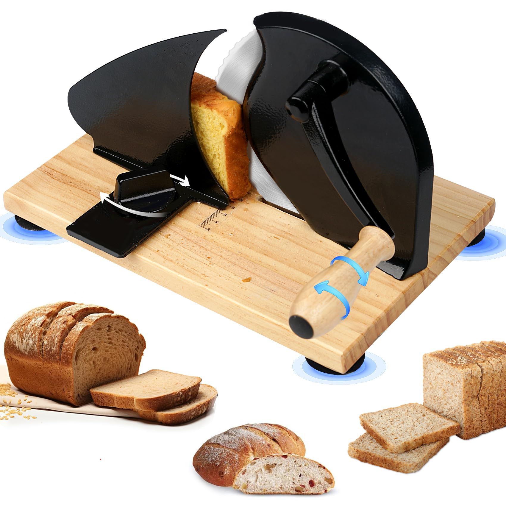 Manual Bread Slicer with Hand Crank & Adjustable Thickness - Sturdy Suction Base for Stable Even Slicing, Stainless Steel Blade & Easy Clean - Perfect for Homemade Sourdough, Crusty Bread, Sandwiches