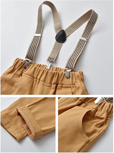 Miniatura 7 de Traje de vestir para niños pequeños, conjuntos de ropa para bebés, camisas con corbatín, tirantes, pantalones, 4 piezas, trajes de caballero, trajes