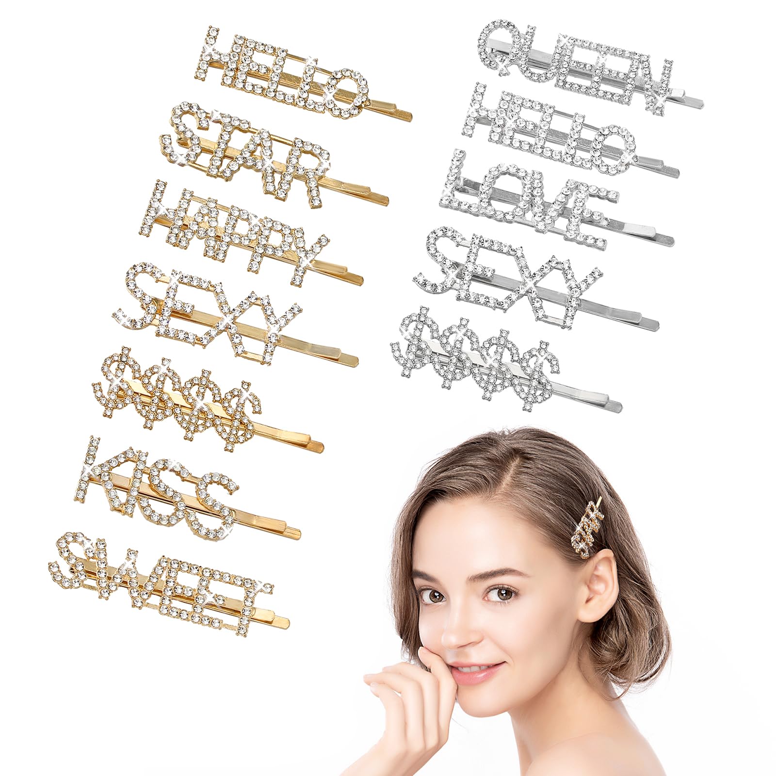 12 Pieces Words Letter Hair Pins, Glitter Rhinestone Hair Clips Bobby Pins Bling Crystal Letter Barrettes Hair Accessories for Women Wedding, Prom, Party