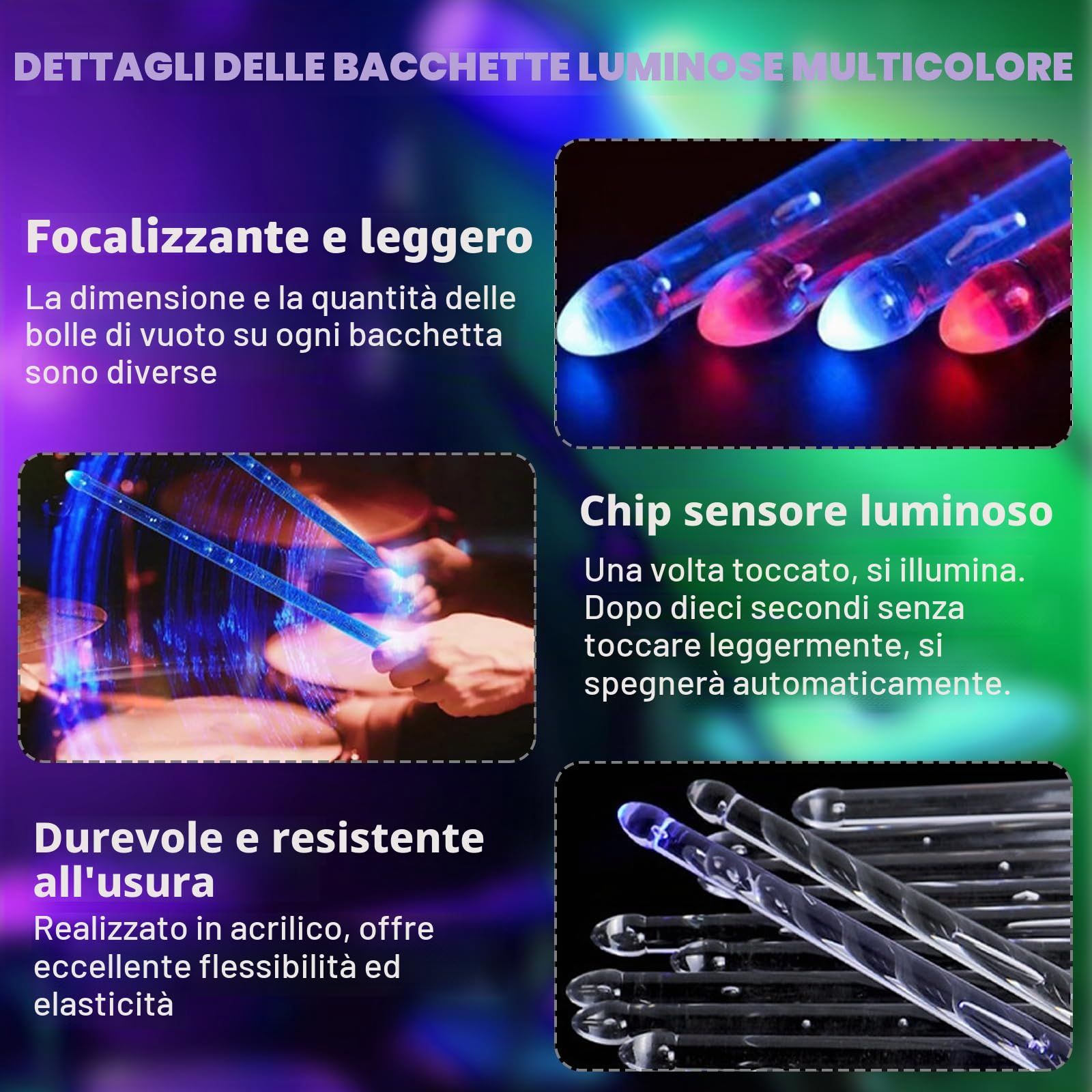 Bacchette per batteria 5A LED luminose ricaricabili, bacchette per batteria con luci fantastiche in materiale polimerico PC per set di batteria, perfette per percussioni e strumenti musicali, 15