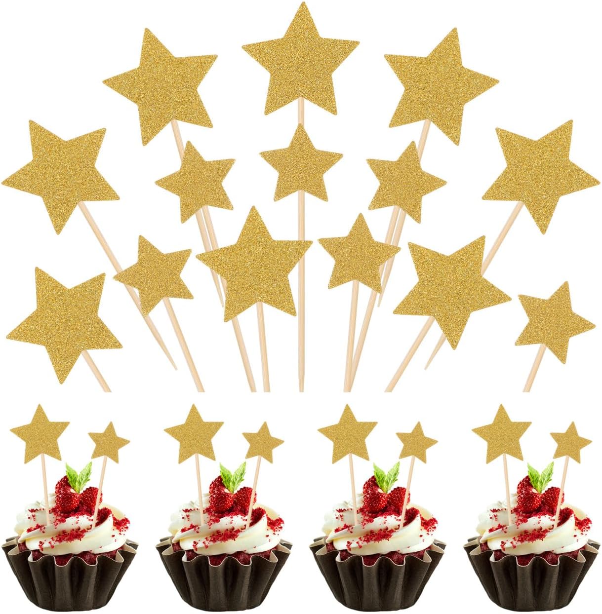 ULTNICE Glitter Star Cake Toppers Pack of 50 Star Cupcake Toppers Glitter Picks Cocktail Sticks Birthday Decoration for Wedding Party Cake Gold