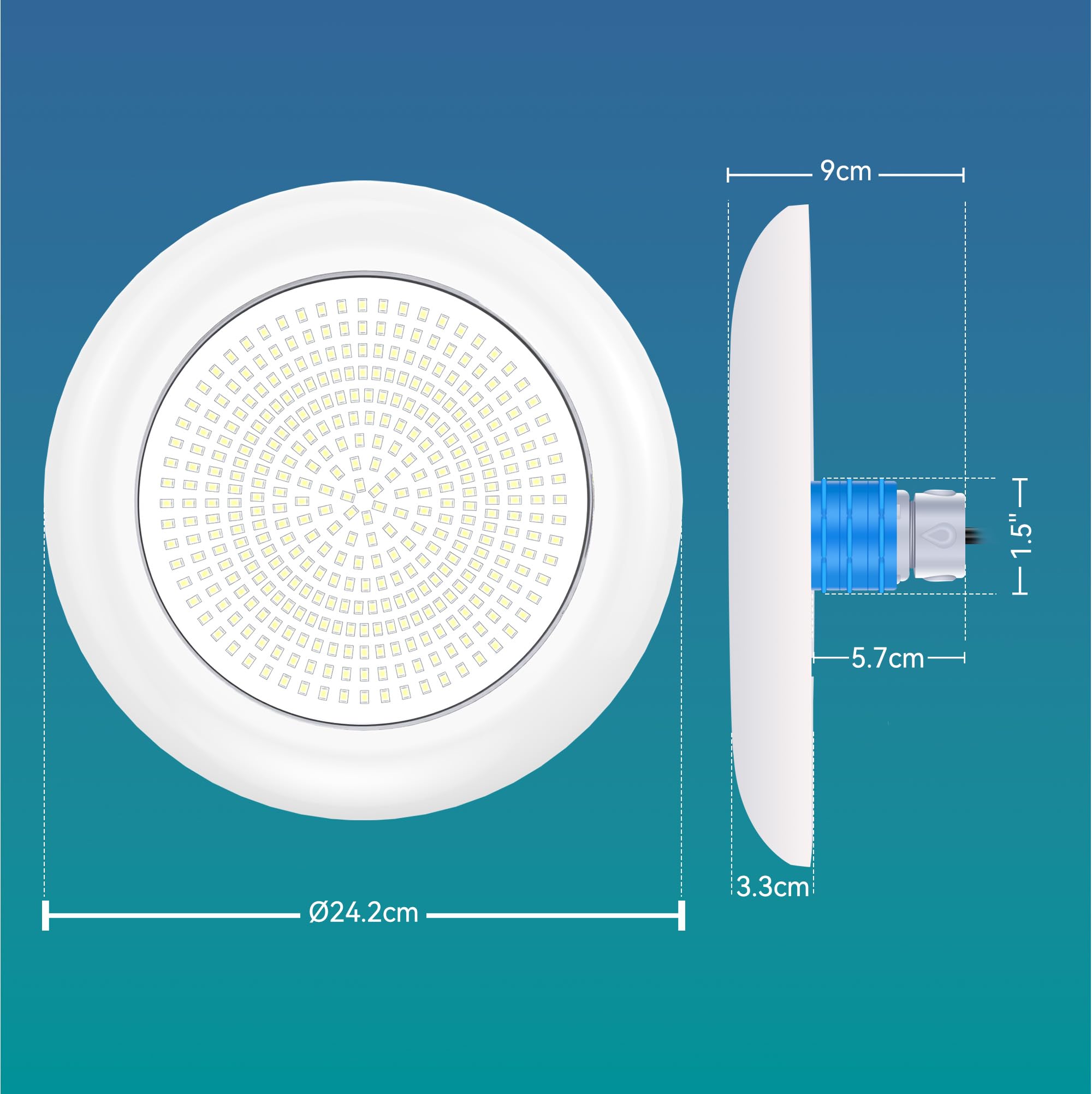 Foco LED Piscina con Rosca 1,5", 18W Lámpara Piscina Blanco 6000K No Regulable 1800lm, Ø242mm,12V AC/DC Relleno de Resina Luz Sumergible para Boquilla y Tubo para Piscinas Hormigón Escaleras