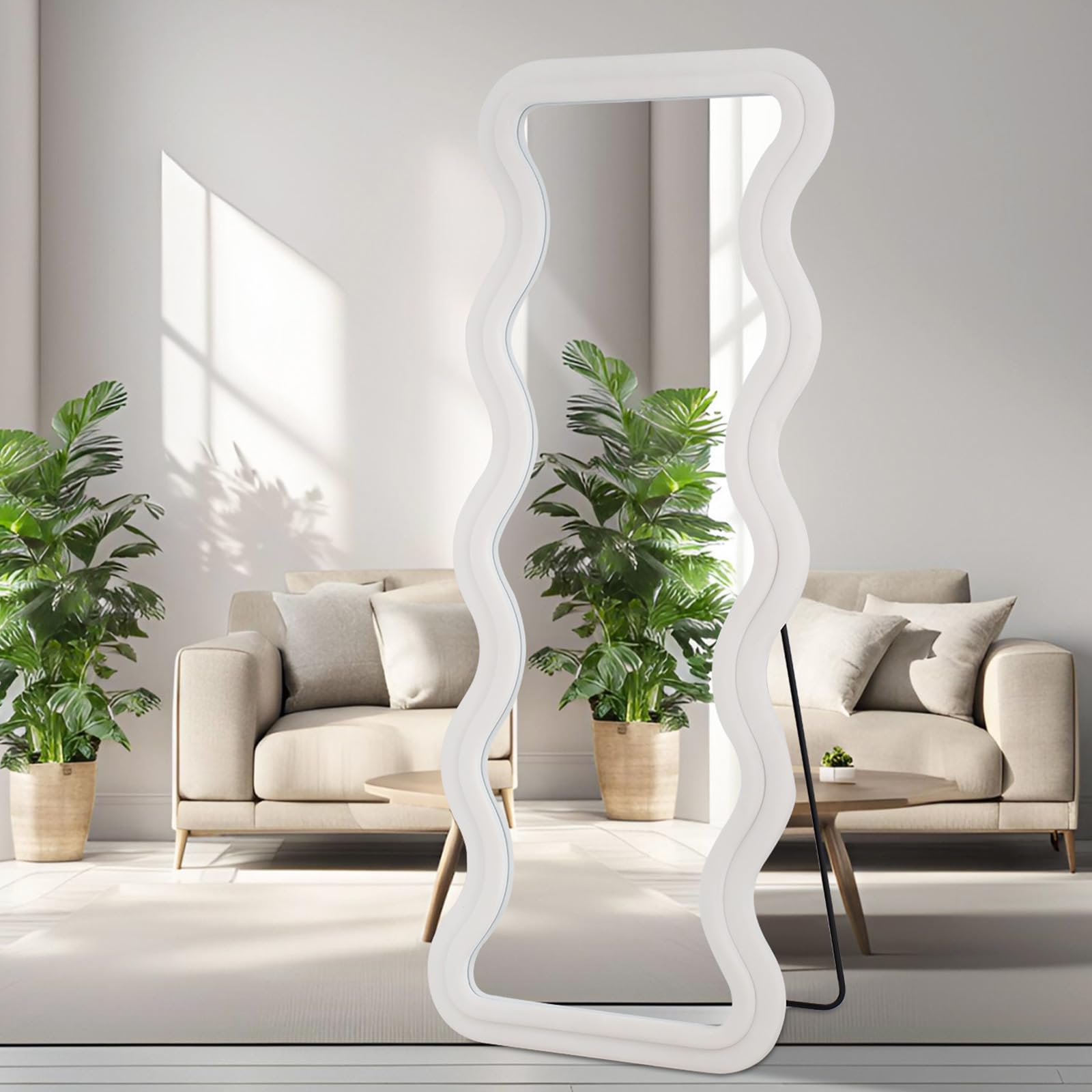 Ganzkörperspiegel 160 x 60 cm Unregelmäßig Gewellt Ganzkörperspiegel Wandmontage Bodenspiegel mit Ständer Weiß Flanellrahmen Anlehnender Wandspiegel für Schlafzimmer Eingang