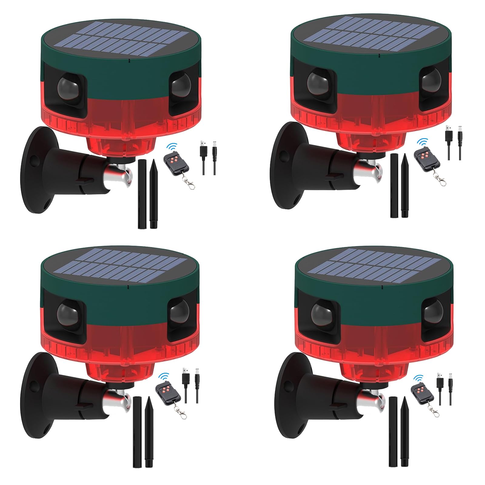 Alarma solar con sensor de movimiento para exteriores – Alarma del detector de movimiento de 360 °, 129 dB ruidoso fuerte, grabación de apoyo, para jardines, granjas (rojo-4paquete)