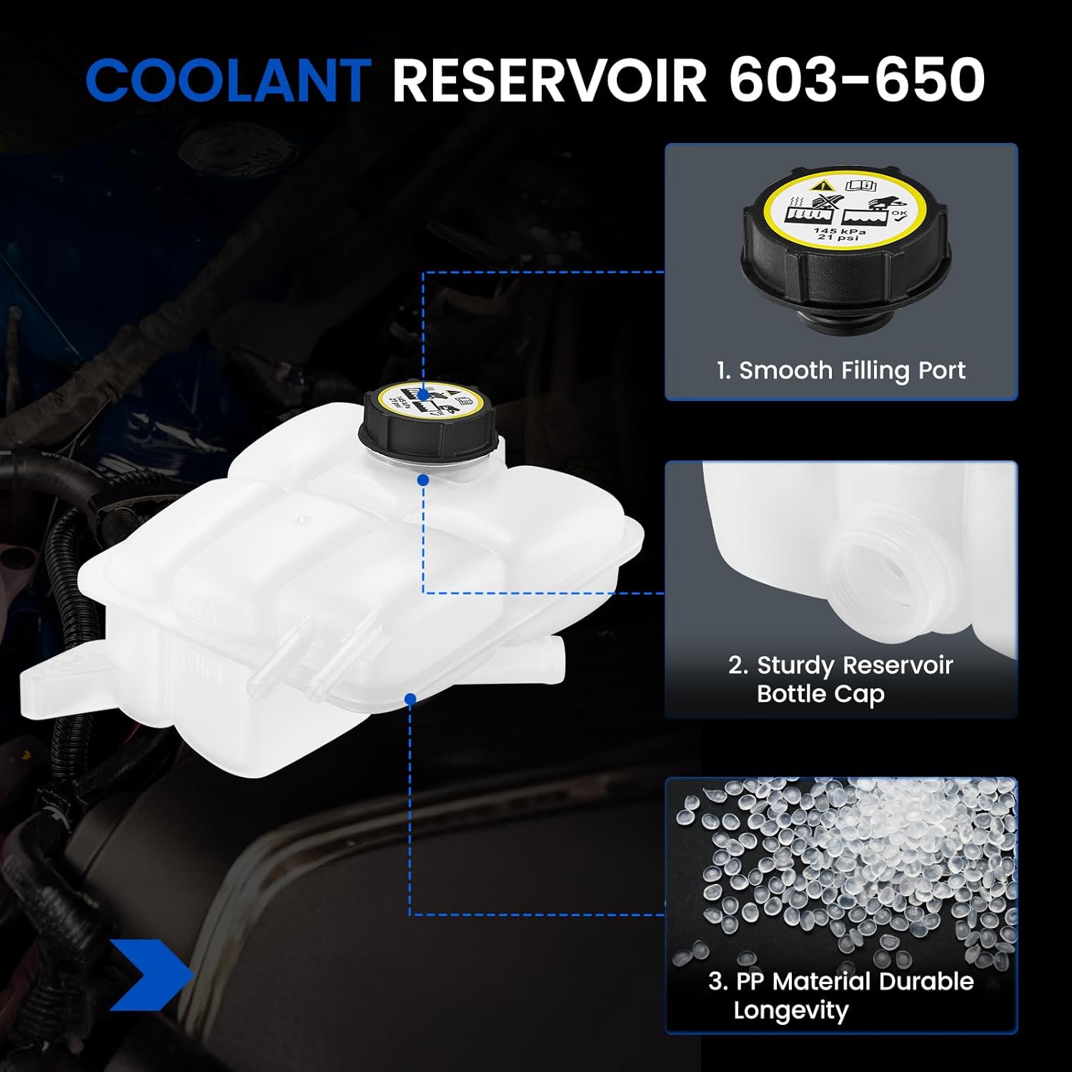 Engine Coolant Reservoir Tank 603-650 Compatible with Volvo C30 2007-2011 C70 2006-2013 S40 2004-2011 V50 2005-2011 Compatible with Ford Focus 2007-2011 2.4L 2.5L Replace 30776151 30680958