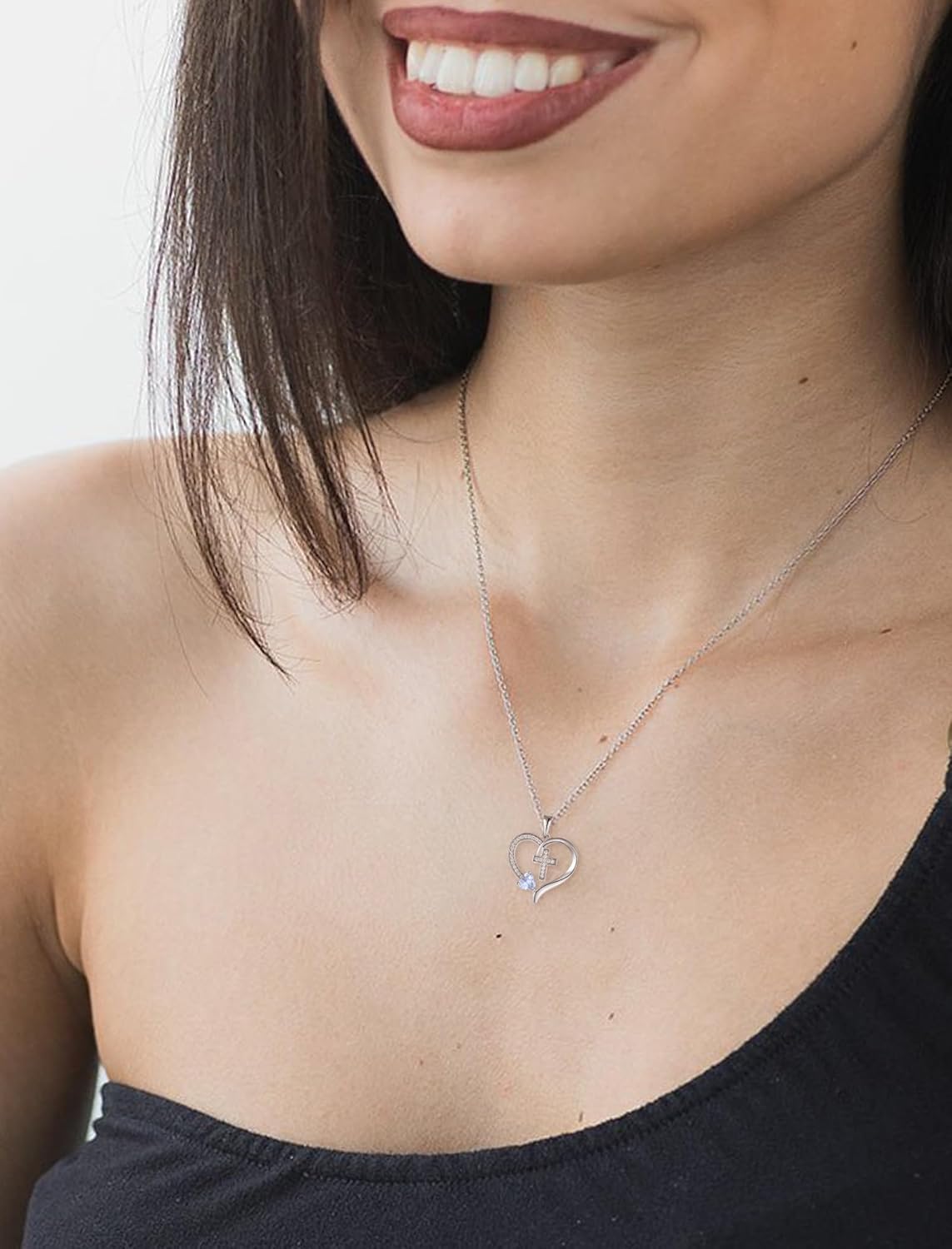 925 Sterling Silver Cross Necklace for Women, Heart Cross Necklace with Birthstone Christian Baptism Jewelry Gifts for Women - Image 2