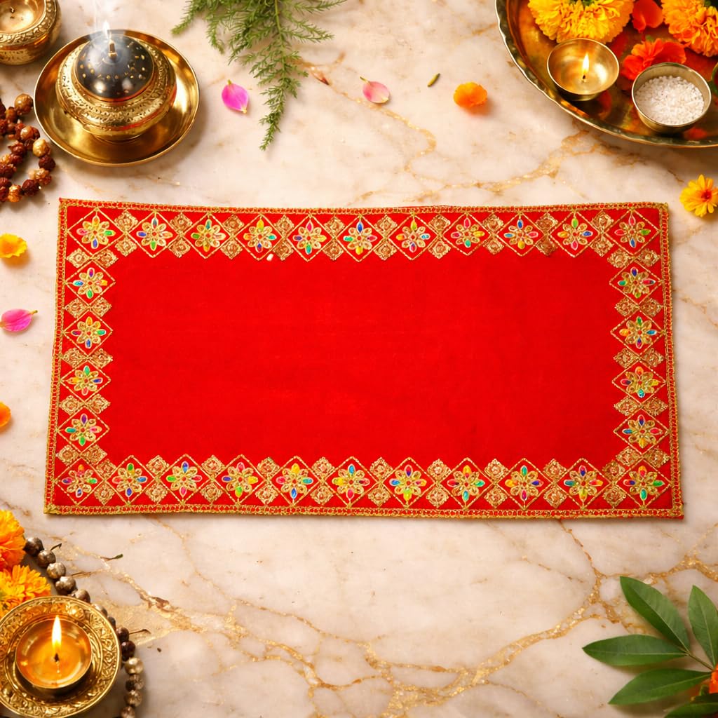Designer Puja Altar Red Rectange for Mandir Home Chowki Temple Idol Placement | Velvet Pooja Aasan Cloth Mat | Festivals & Daily Rituals (18 * 32 inches)-image-5