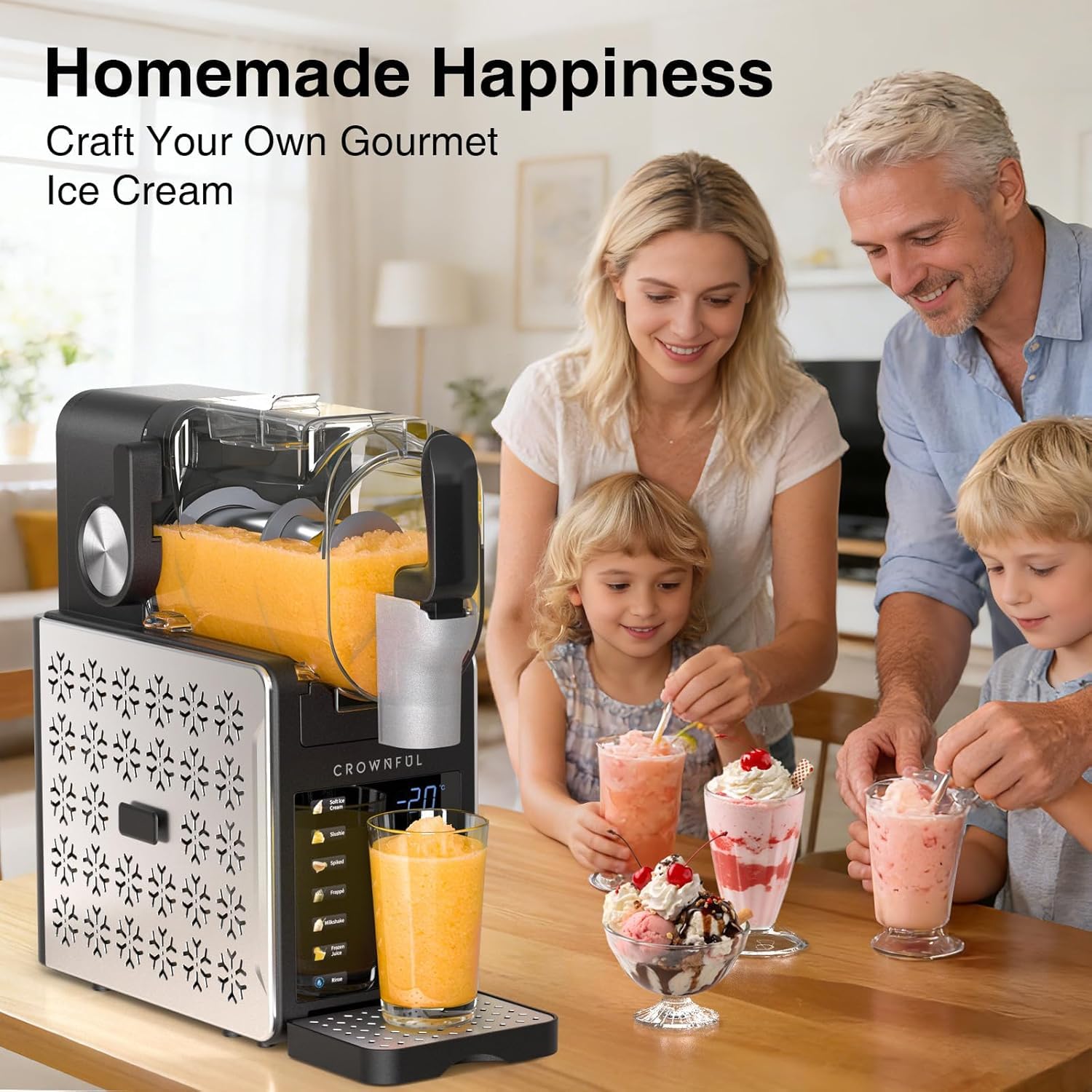 CROWNFUL Macchina per Granite, 1.9L - 6 Programmi per Gelato, Frullati, Cocktail Ghiacciati, Frappè e Frullati - Autopulizia, Funzione Mantieni Freddo 12h