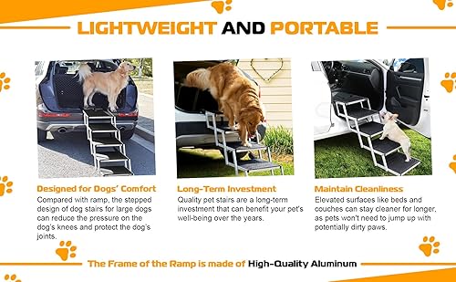 Miniatura 4 de Rampa de coche de 5 pasos para perros grandes soporta hasta 250 libras portátil, plegable, superficie antideslizante, aluminio ligero. Perfecto para