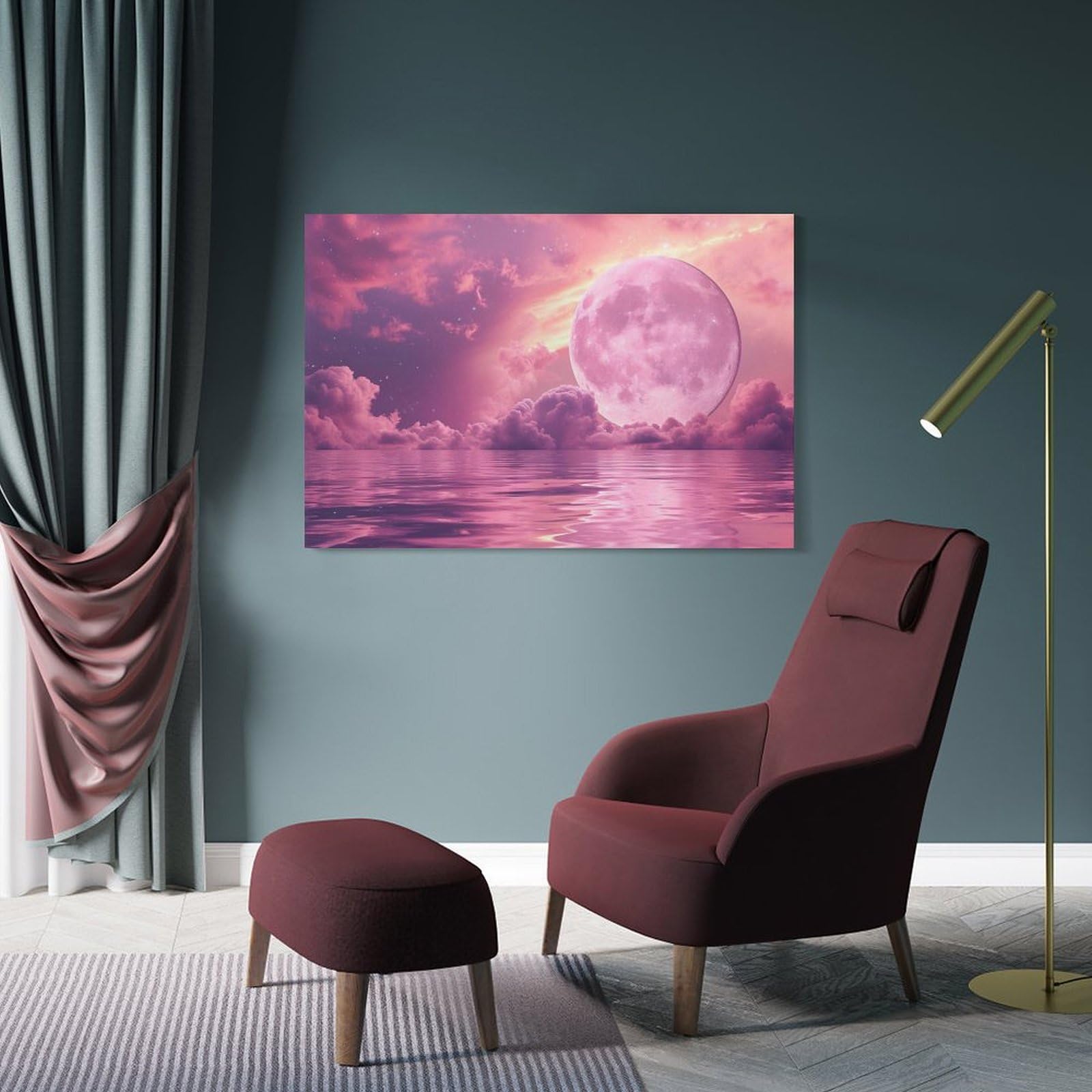 Amazon.co.jp: 絵画 ピンクの霧の月インテリア 絵画 美しい海の景色