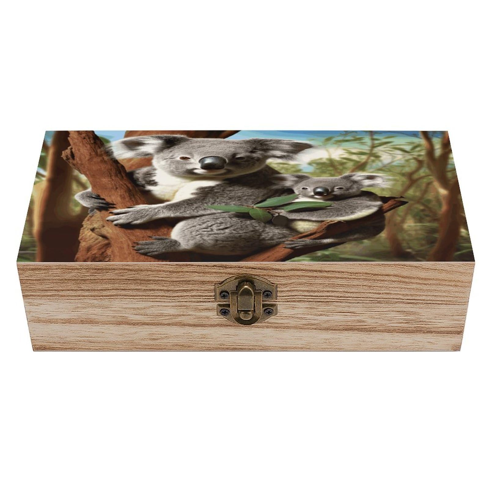 JTREHY Koala Family Wooden Keepsake Box Vintage-Style Wood Keepsake Case with Hinged Lid Solid Wood Boxes Beautifully Memory Treasure Case Vintage-Style Wooden Storage Box