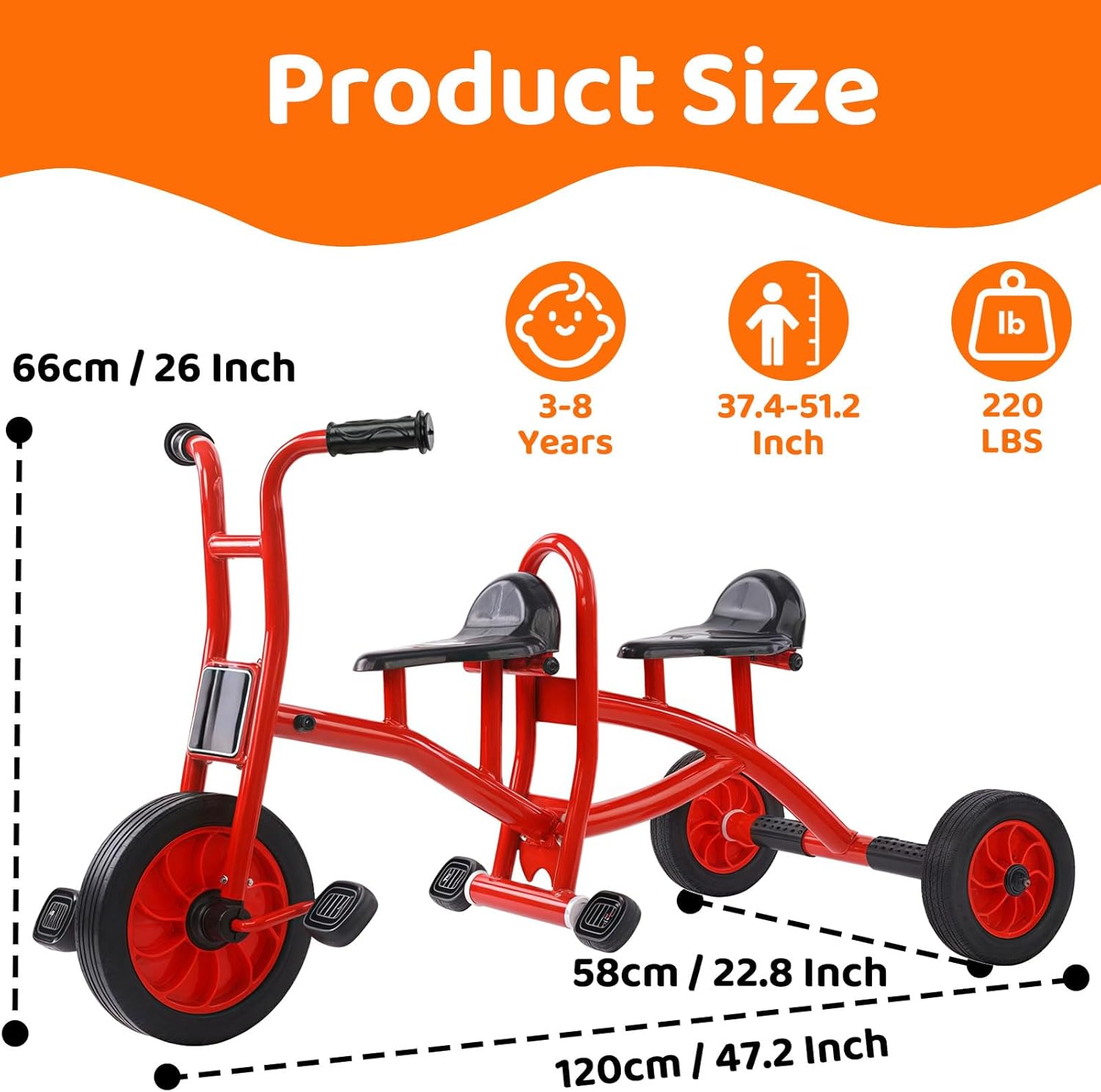Tricycle for Kids Ages 3-8, Preschool Playground Big Wheel Tricycle, Sturdy Metal Kids Tandem Bike with Inflation-Ree Rubber Wheels and Handlebar Grips