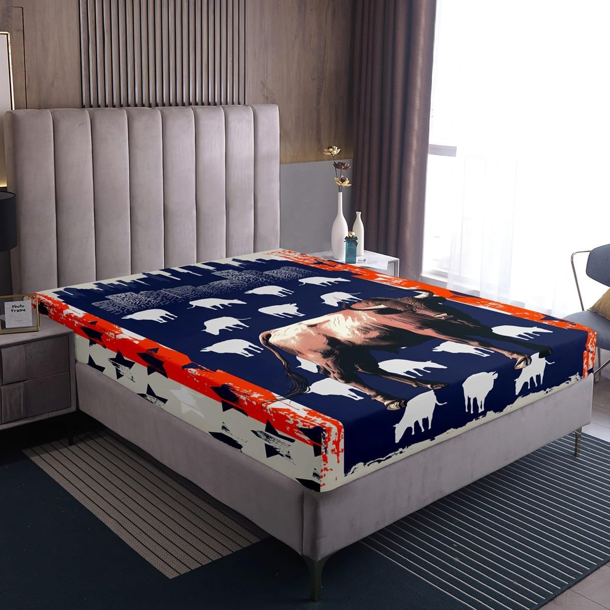 Erosebridal Highlan Bull Cattle Bed Sheets Farmhouse Animal Print Fitted Sheet Full Size, Western Cowboy Bedding Texas Stars Sheet, Grunge Stripe Bed Cover (Deep Pocket)