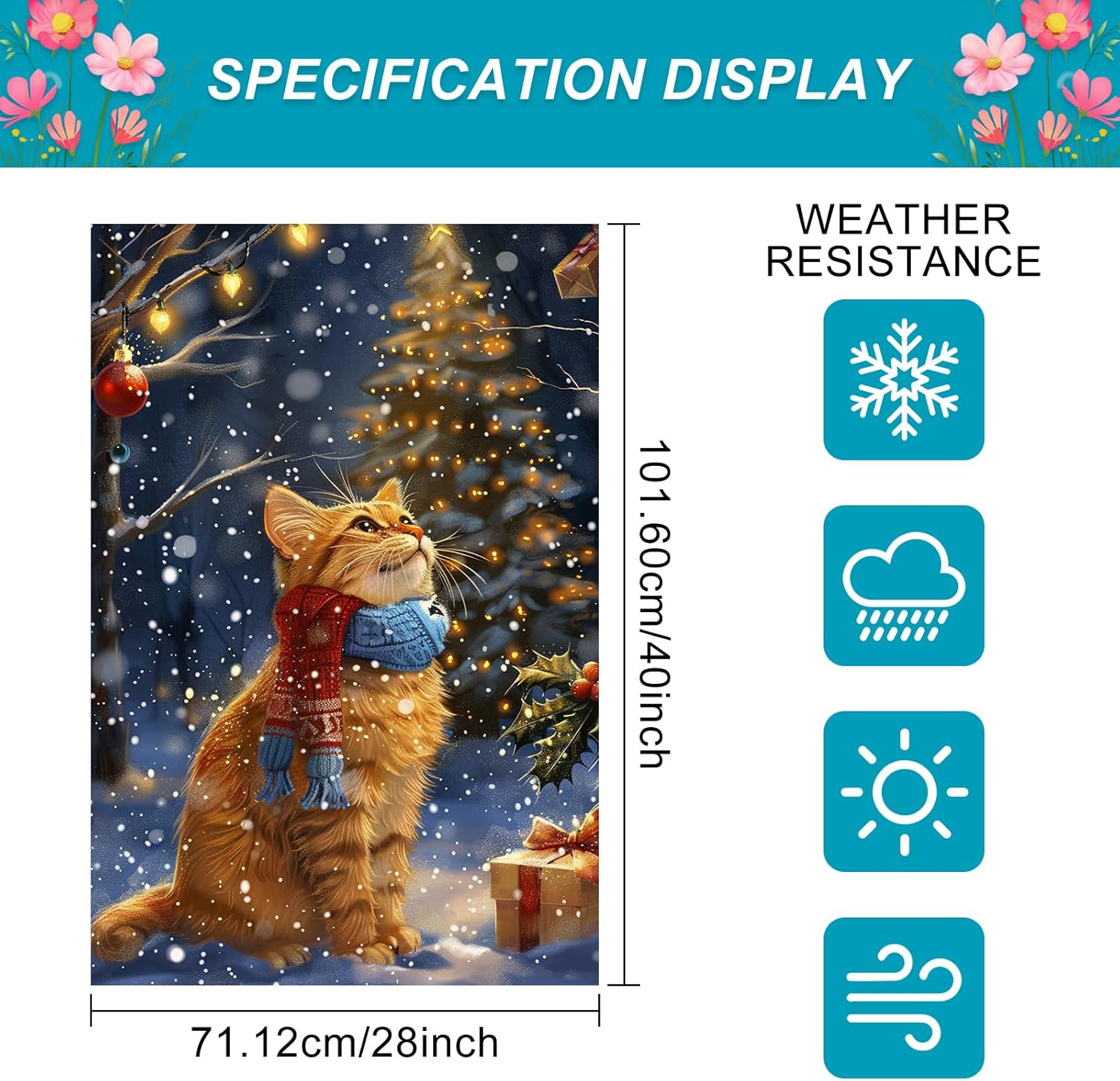 Christmas House Flag 28 x 40 Inch Double Sided Garden Flag with Ginger Cat in Scarf Looking at Lit Tree for Winter Yard Banner Porch Outdoor Decor - Image 3