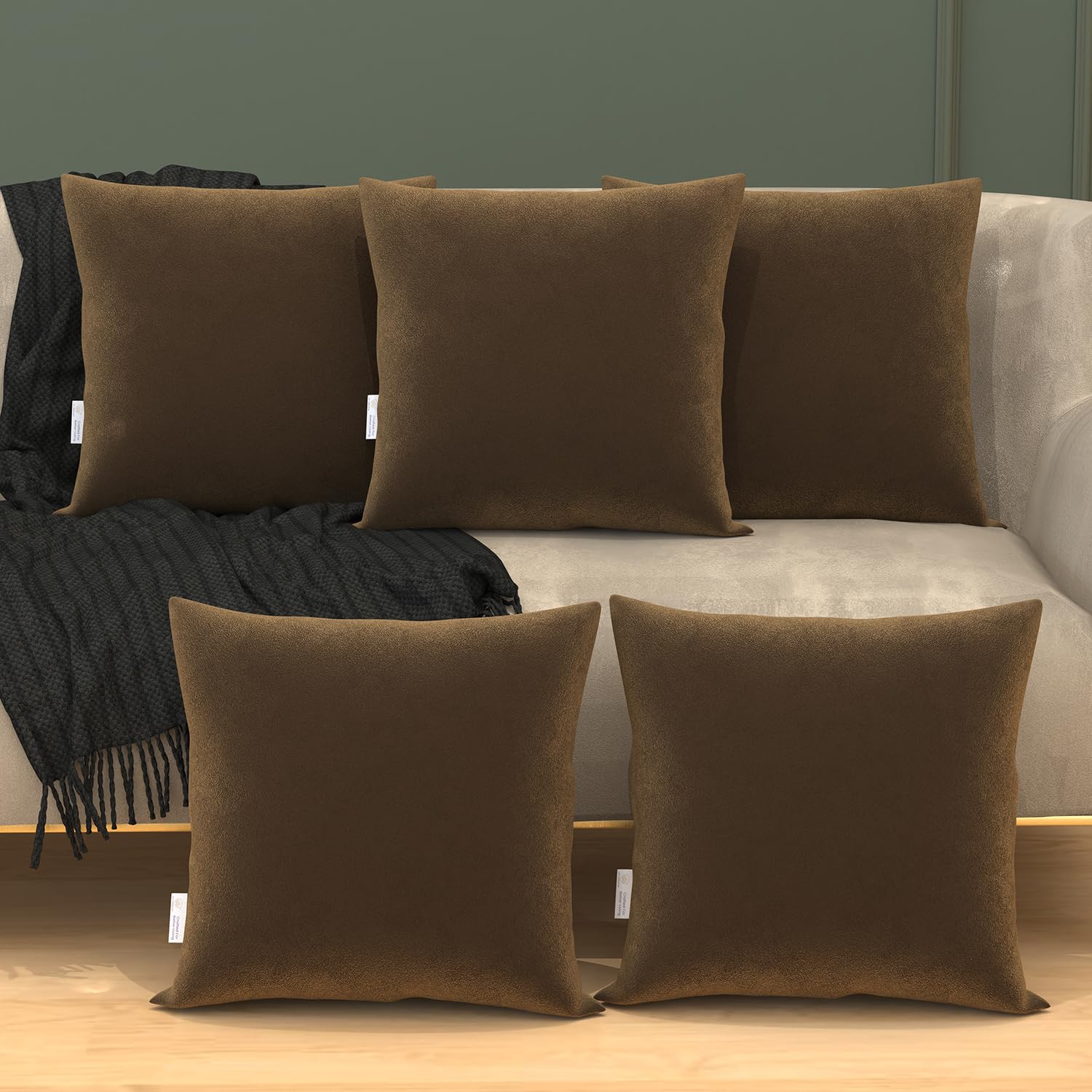 MY ARMOR Microfibre Cushion for Sofa | Set of 5 Soft & Fluffy Square Sofa Cushions | Decorative Sofa Pillows for Bed, Chair, Car & Living Room | Velvet Cover | Brown | 16 x 16 Inch