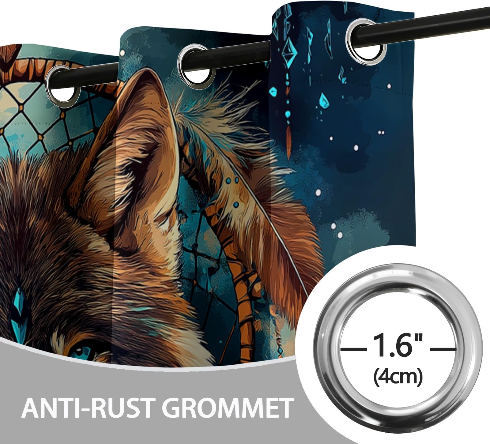Generisch Blickdicht Vorhang Ösenschal Verdunkelungsvorhang 3D Traumfänger Wolfskopf Gardinen Kinderzimmer Wohnzimmer Thermovorhang Polyester H183 x B117 cm 2Er Set