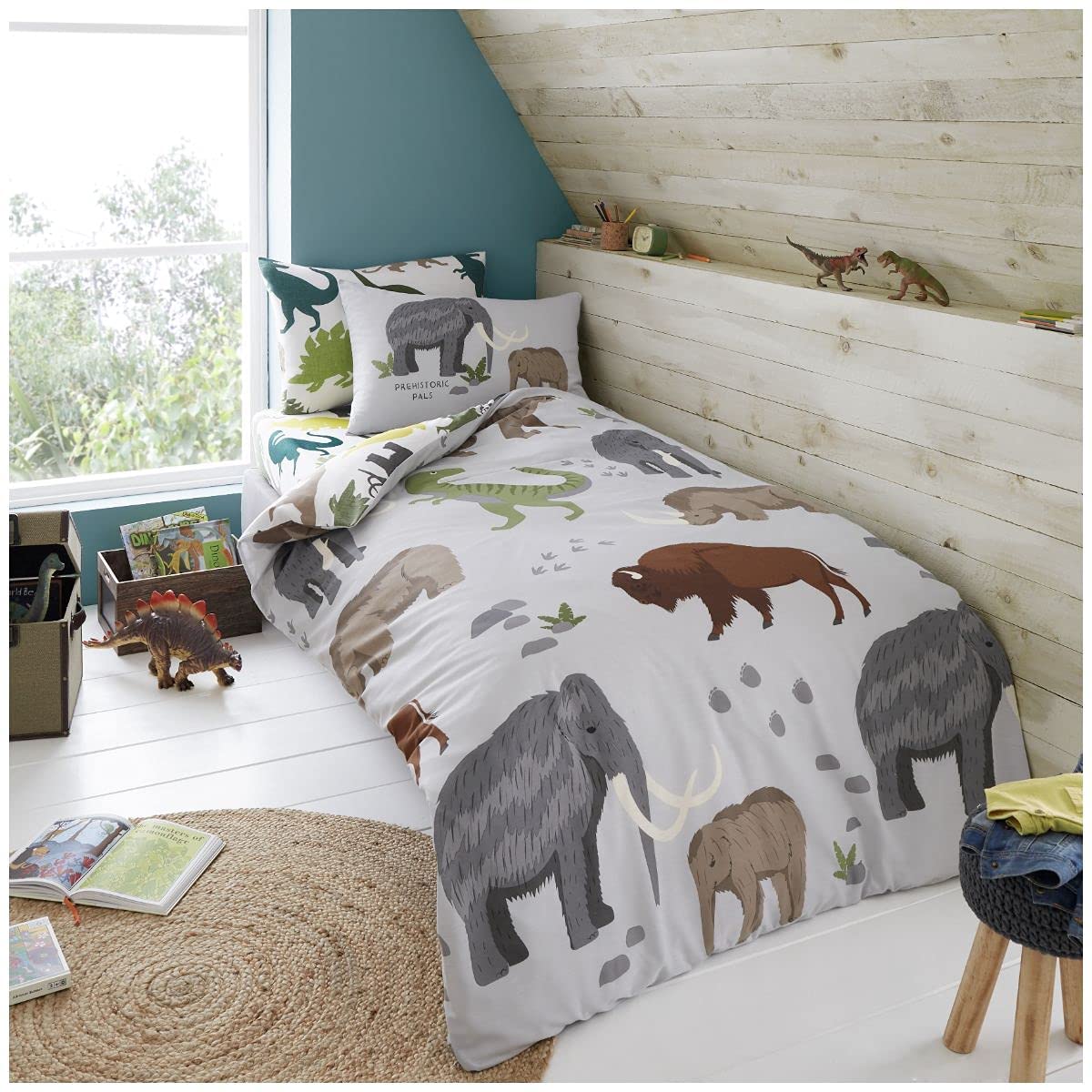 Lions Boys Wolly Mommth Kids Single Duvet Cover Set, Dinosaur Bedding With Matching Pillowcases, Ultra Soft Reversible Soft Quilt Covers, Multicolour, 135X200cm