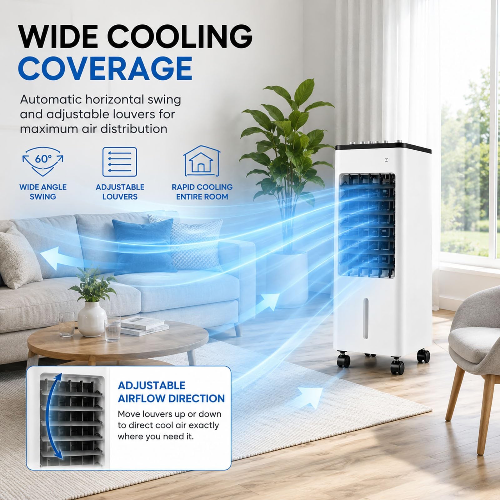 Rinfrescatore d'Aria Evaporativo 6L, Ventilatore Portatile con 4 Panetti di Ghiaccio, 3 Velocità, Timer 8H, Telecomando & Touch Control(White)