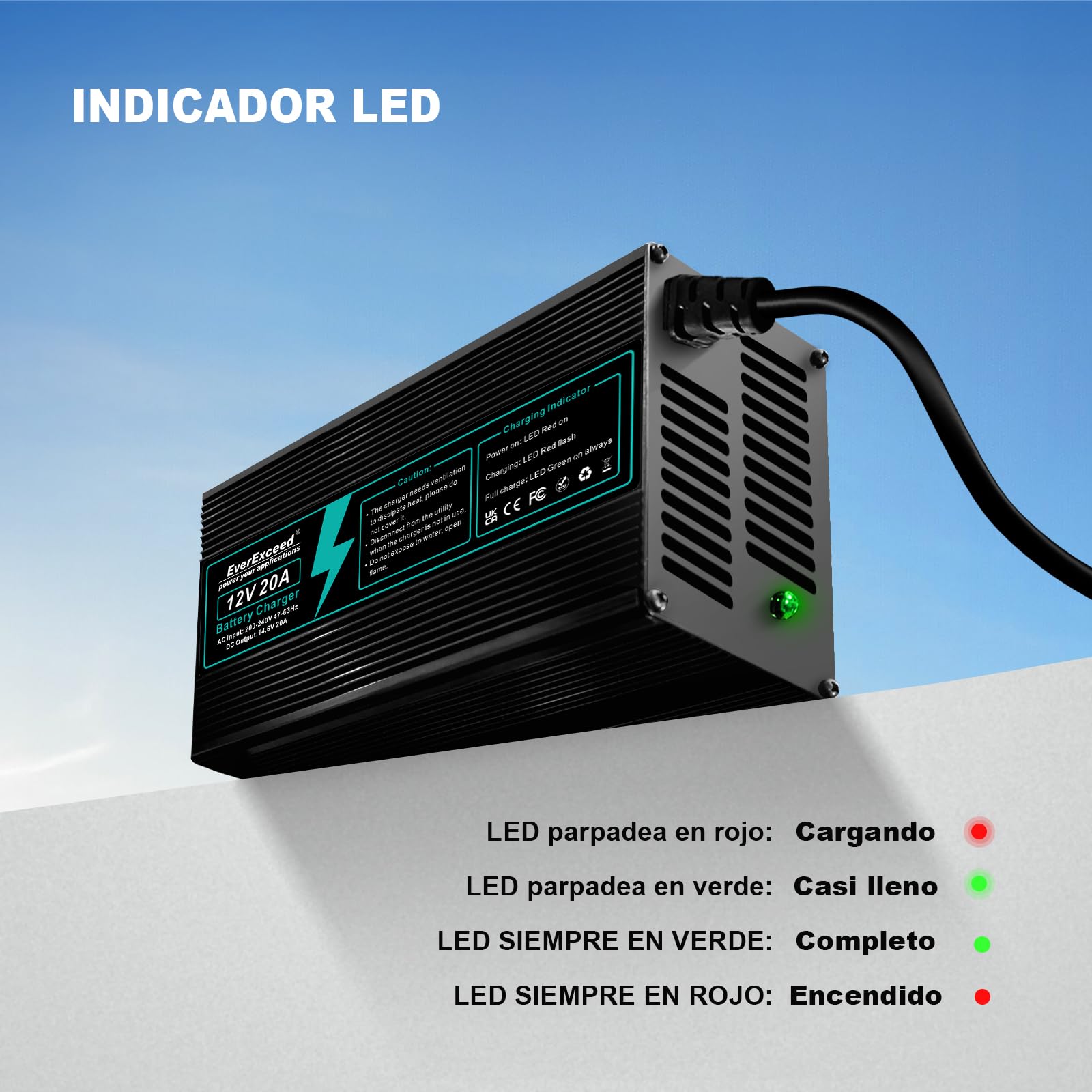 EverExceed 12V 20A Cargador de Batería de Litio 14.6V Lifepo4 Cargador AC-DC para Lifepo4 Lithium Deep Cycle Battery de Car Marine RV