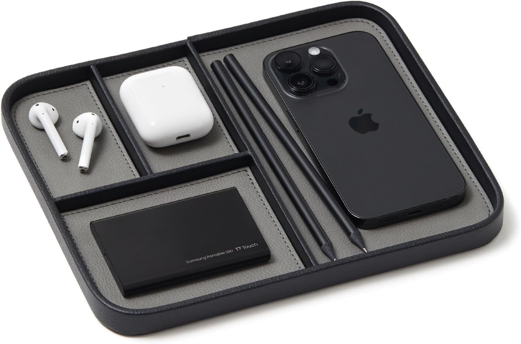 Nordik Leather Valet Tray - Pebble Black - 24x20 cm Medium Vegan Leather Tray for Entryway - Stylish Nightstand Organizer for Men - Modern Bedside Caddy - EDC Catchall for Keys Phone Wallet Jewellery