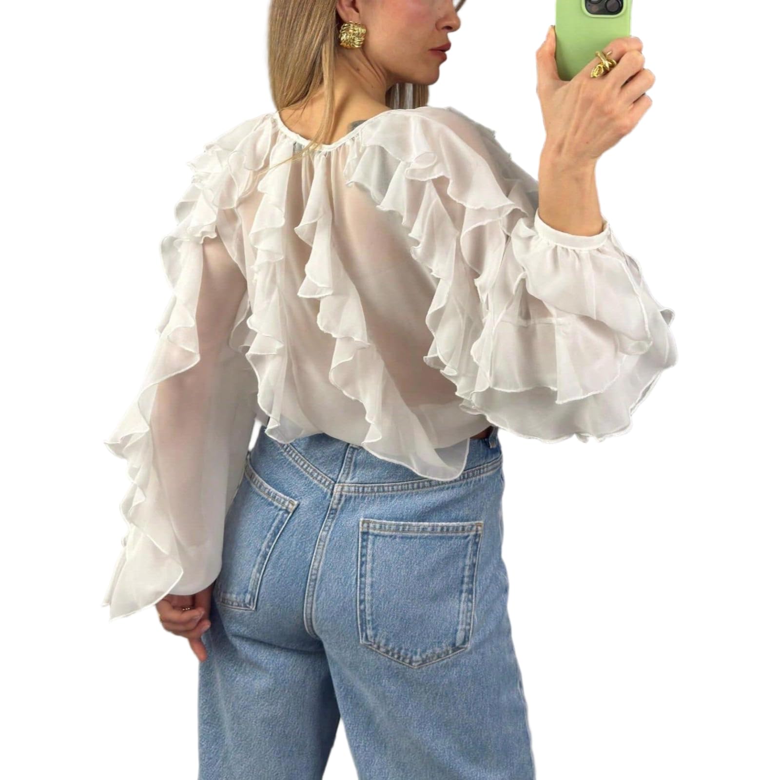 JCVBN - Camicetta da donna con scollo a V e volant, a maniche lunghe, vestibilità ampia, in chiffon, tinta unita, con bordo a volant, maniche lunghe, vestibilità ampia, tinta unita, leggera