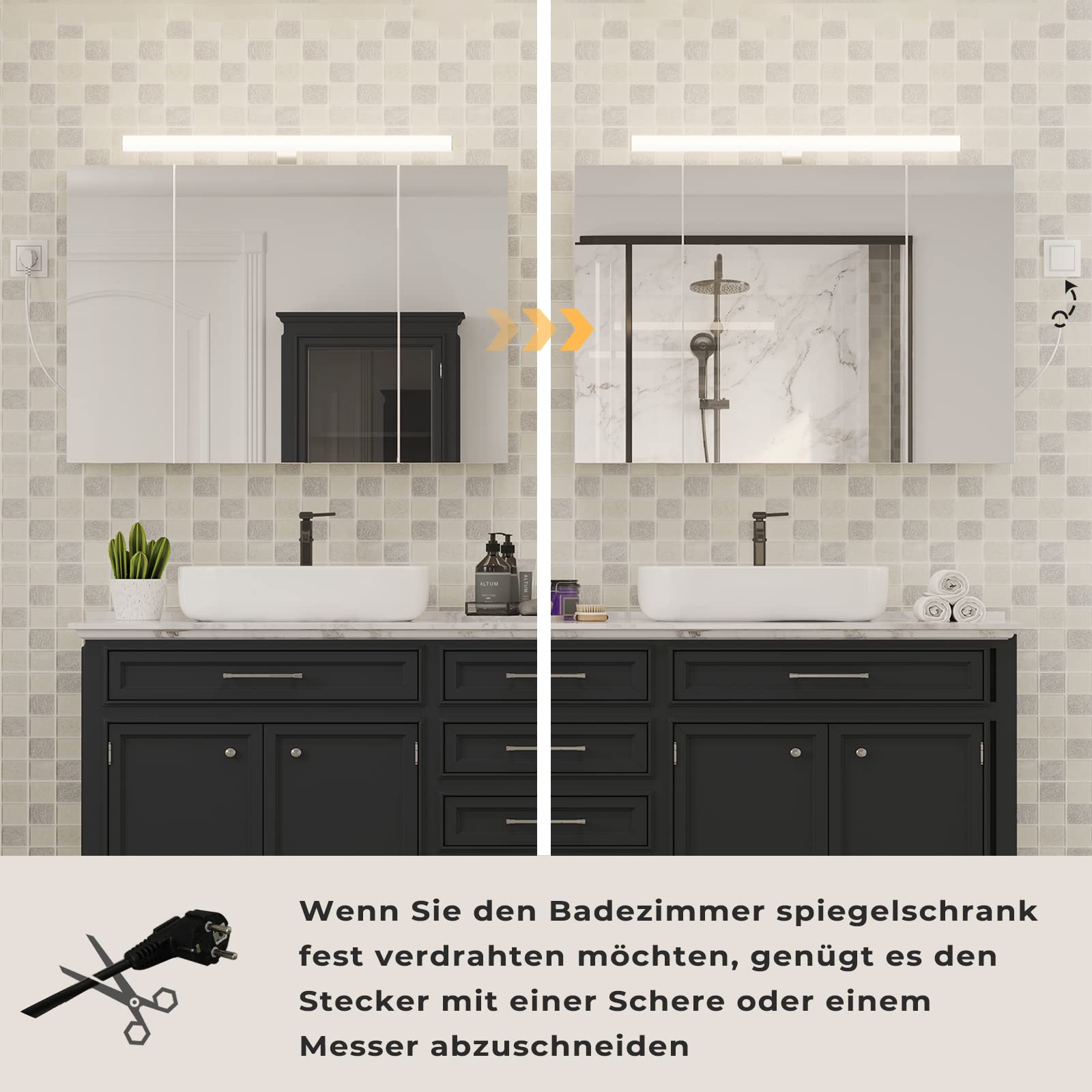 DICTAC Spiegelschrank Bad mit Beleuchtung,Steckdose und Lichtschalter Badschrank mit Spiegel Badezimmer Spiegelschrank mit 3 Türen und Glasablage Hängeschrank,badspiegel,Weiß- 90x60x16cm