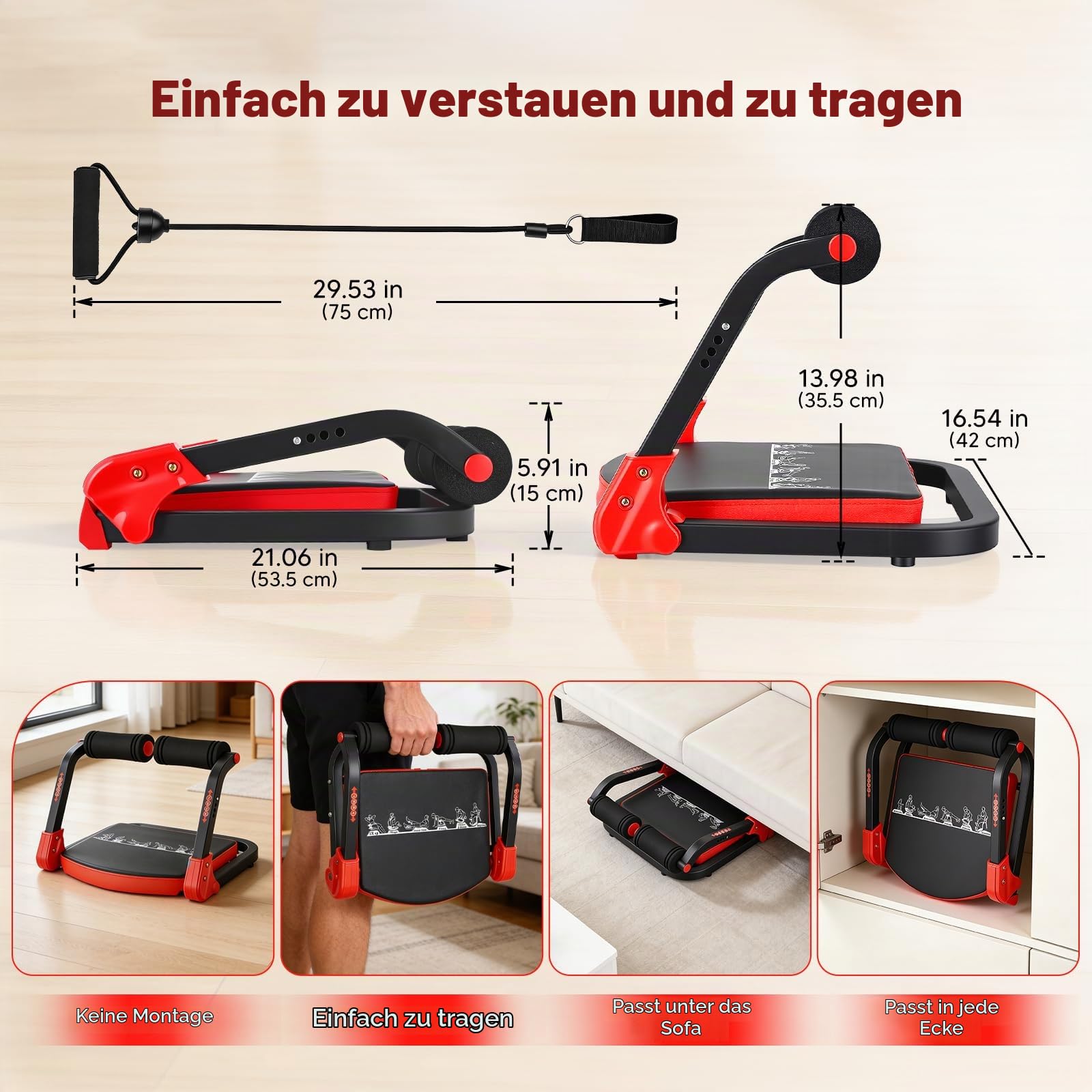 Bauchtrainer für Zuhause 4 Widerstandsstufen – Ganzkörper Core-Trainer für Zuhause, 150 kg belastbar, tragbares Fitnessgerät für Sit-ups, Arme & Beine
