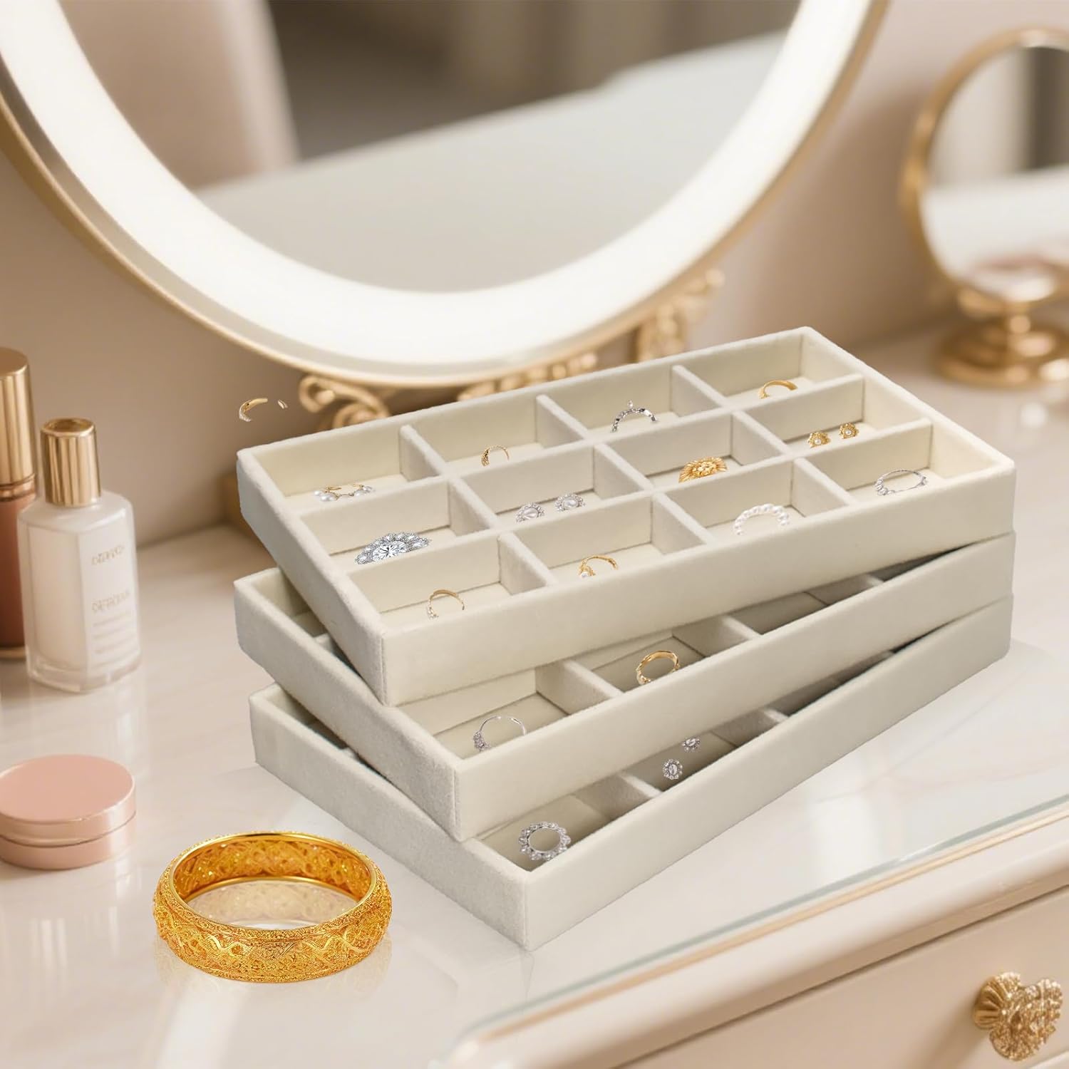 12 Pcs Small Velvet Jewelry Trays 8.3 x 4.7 x 1 inch 12 Grids Stackable Storage Trays Drawers Organizer for Ring Earring (Beige) - Image 7
