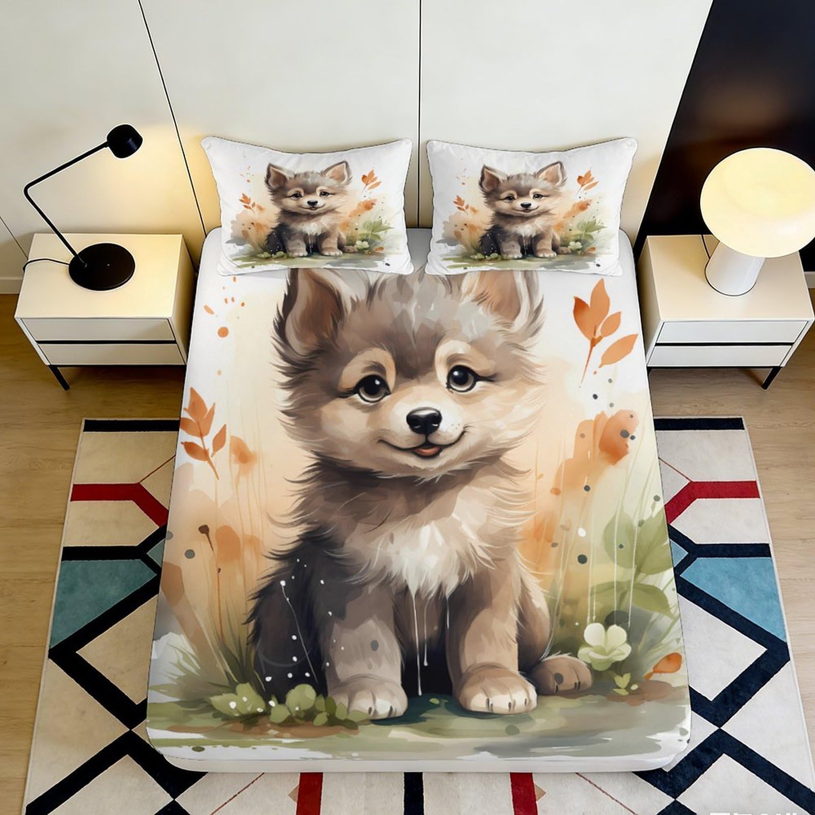 3D Printed Cute Husky Dog Fitted Sheet Microfiber Soft Breathable Autumn Forest Mattress Cover for Bedroom Guest Room Dorm Decor 120x200x25cm