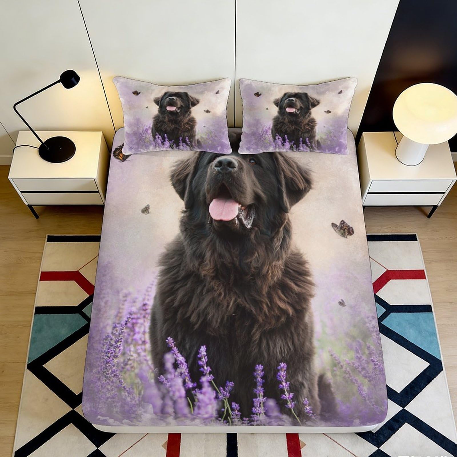 3D Printed Black Dog Lavender Fitted Sheet Microfiber Soft Breathable Butterfly Bed Cover for Bedroom Decor 90x200x25cm