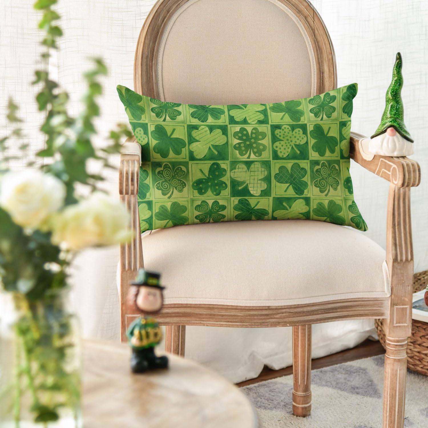 AVOIN colorlife St Patricks Day Clover Polka Dot Green Throw Pillow Cover, 12 x 20 Inch Check Shamrock Cushion Case Decoration for Sofa Couch - Image 5