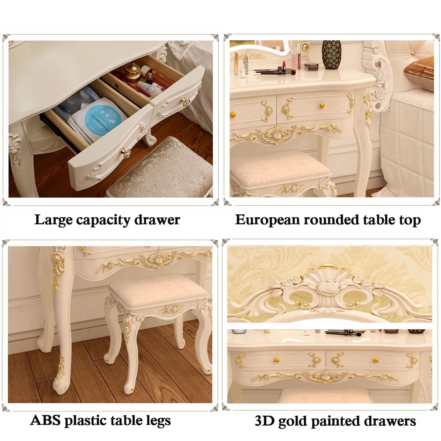 Amazon.com: HEBEHO European Princess White Makeup Vanity Desk, Makeup Table  with 2 Drawers and Mirror, Upholstered Stool, Bedroom Dressing Table for  Girls Women (Color : White, Size : 70cm/28in) : Home & Kitchen